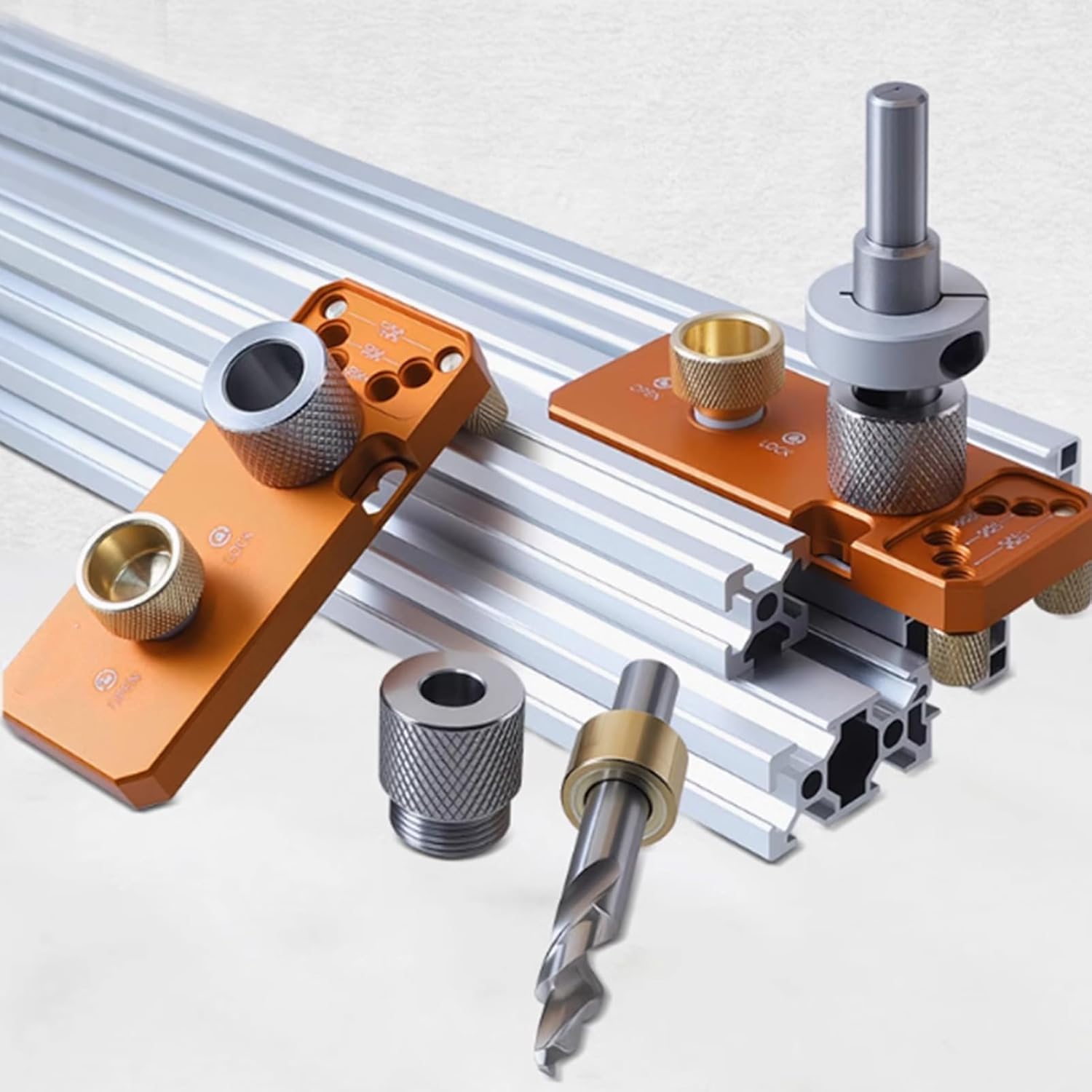 Aluminum Profile Drill Guide Punching Auxiliary Tool with M8 M6 Step Drill Bits – Compatible with 20mm 30mm 40mm Aluminum Profiles, Made of Aluminum Alloy and Brass with Anodizing Treatment