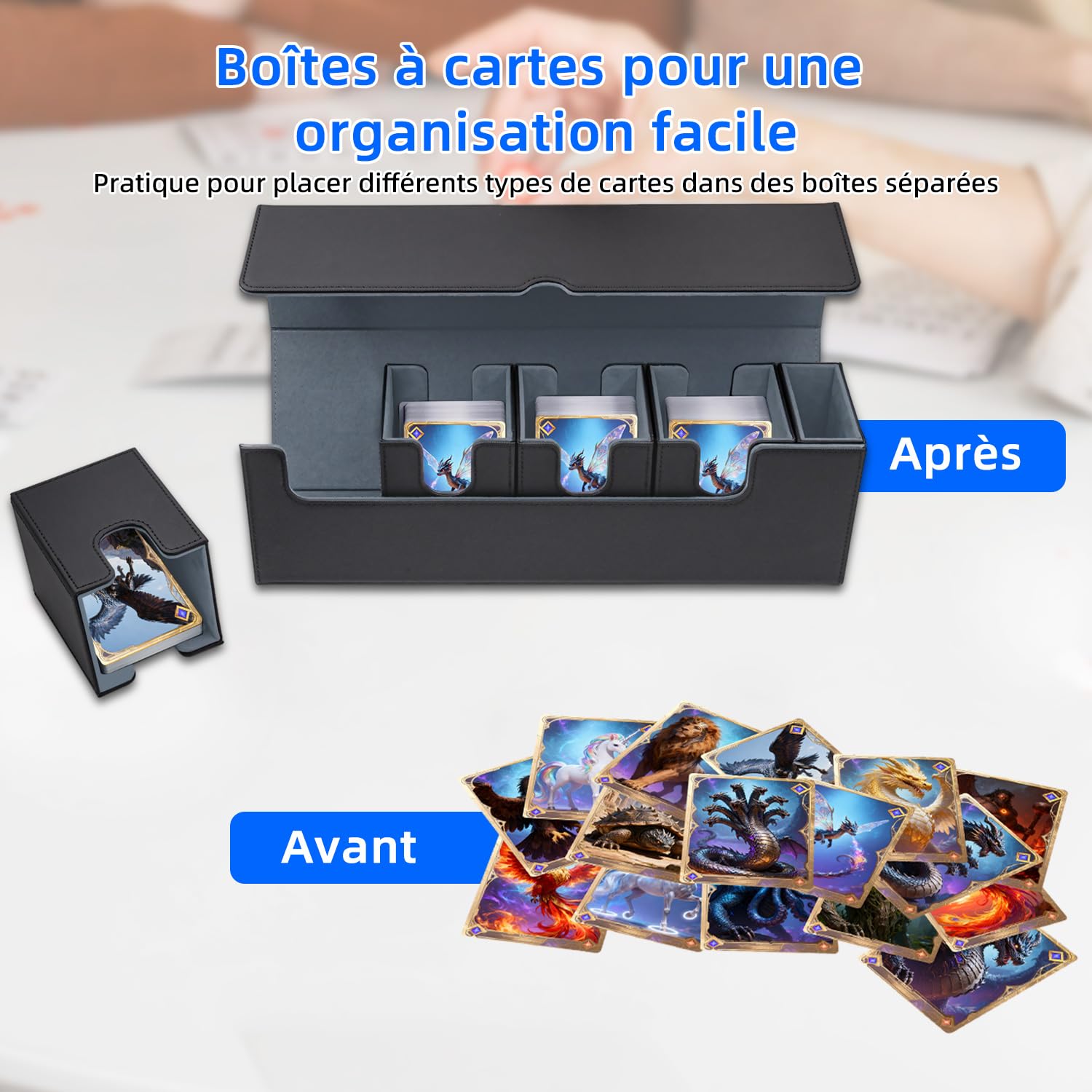 Organisateur de Bureau 5-en-1 en Cuir PU, Boîte de Rangement Magnétique Élégante pour Cartes 800+ TCG et Petits Objets, Coffret de Collection Décoratif pour Maison et Bureau - Noir