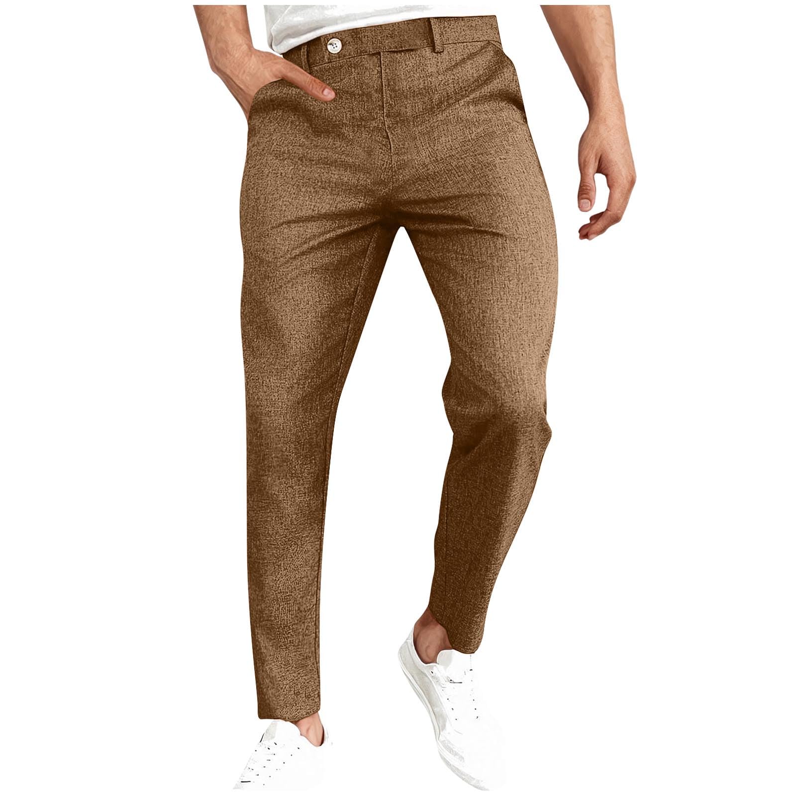 Xiaojmake Mens Linen Dress Pants Tapered Leg Flat Front Pant High Waisted Button Zipper Fly Suit Trouser Business