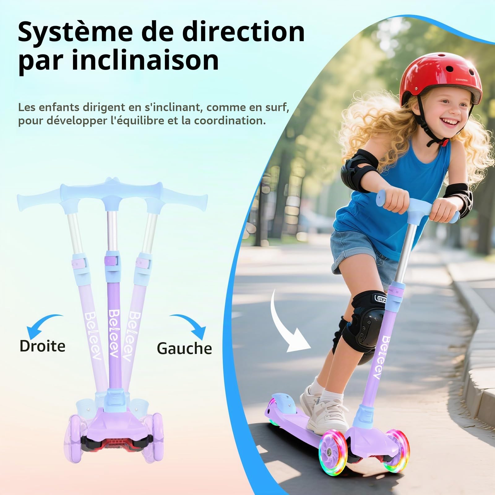 BELEEV A3 Trottinette Enfants 3 Ans, 4 Guidon Réglable en Hauteur | Roues Lumineuses en PU, Scooter à 3 Roues Deck Extra-Large et Antidérapant Trotinette pour Enfant de 3-12 Ans Fille Garçon