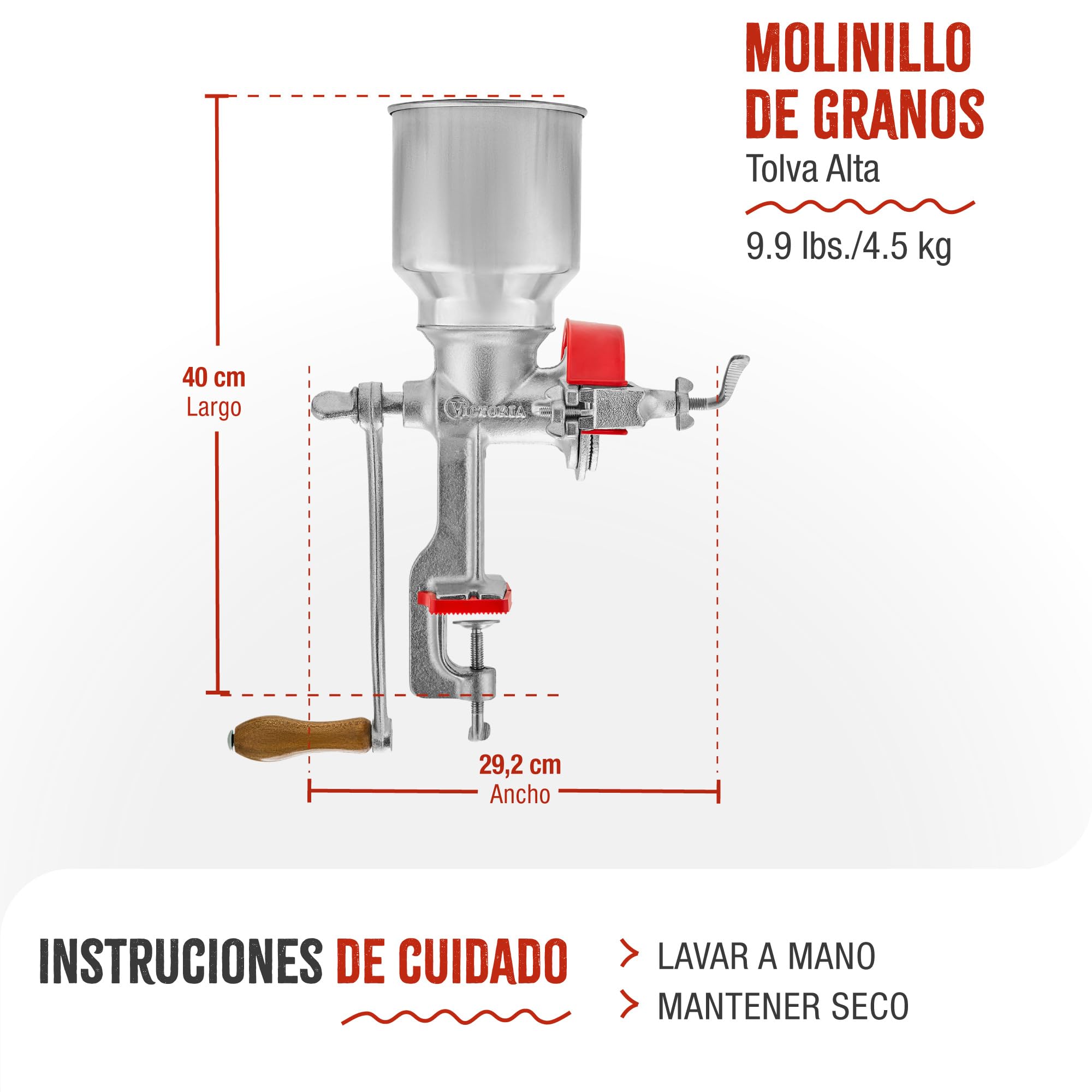 Victoria Molino Cereales Manual, Molinillo de Mano en Hierro Fundido para Moler Café, Maíz, Avena, Semillas, Grosor de Molienda Ajustable, Grain Grinder Tolva Alta con Abrazadera para Mesa