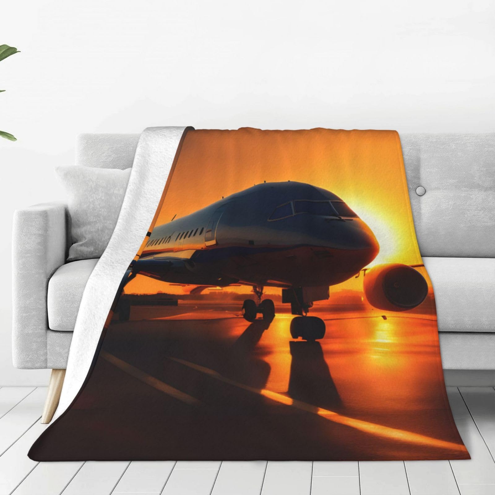 Couverture polaire en flanelle haut de gamme motif avion au coucher du soleil pour lit