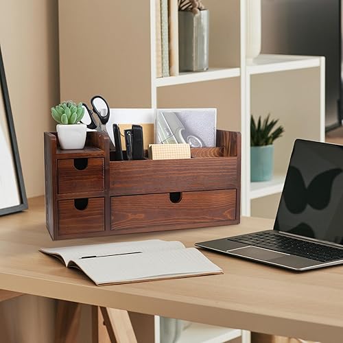 Miniatura 5 de Organizador de escritorio de madera marrón rústico, cajones extraíbles, suministros de oficina, gabinete de almacenamiento de madera con antorcha,