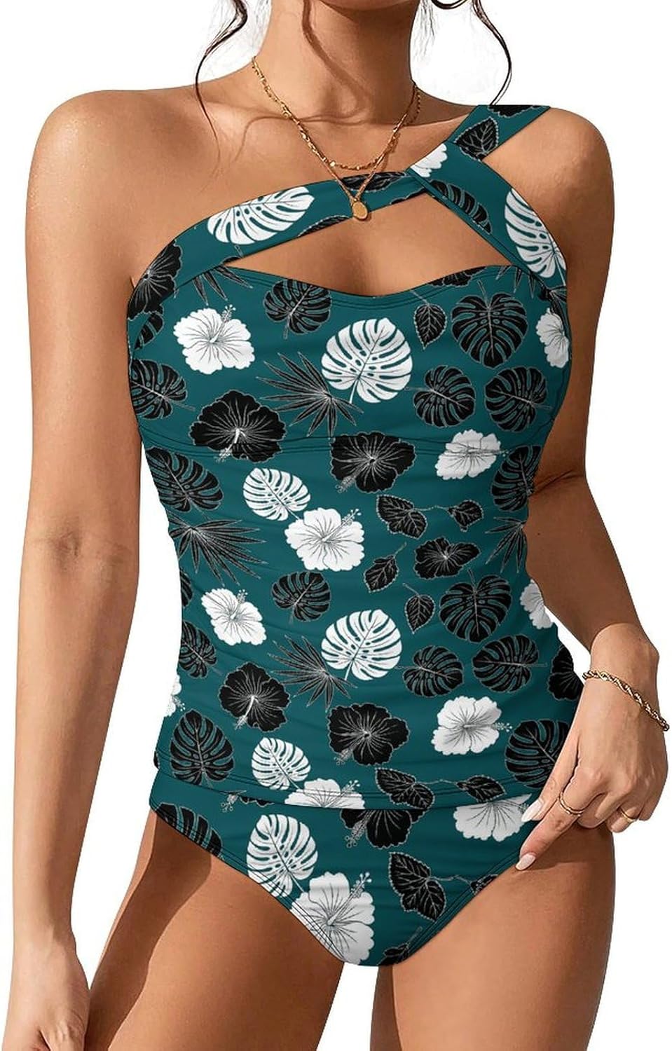 Women's Two Piece Dolphin Tankini Swimsuits One Shoulder Tummy Control Bathing Suits Swim Tops with Bottom Swimwear XXL