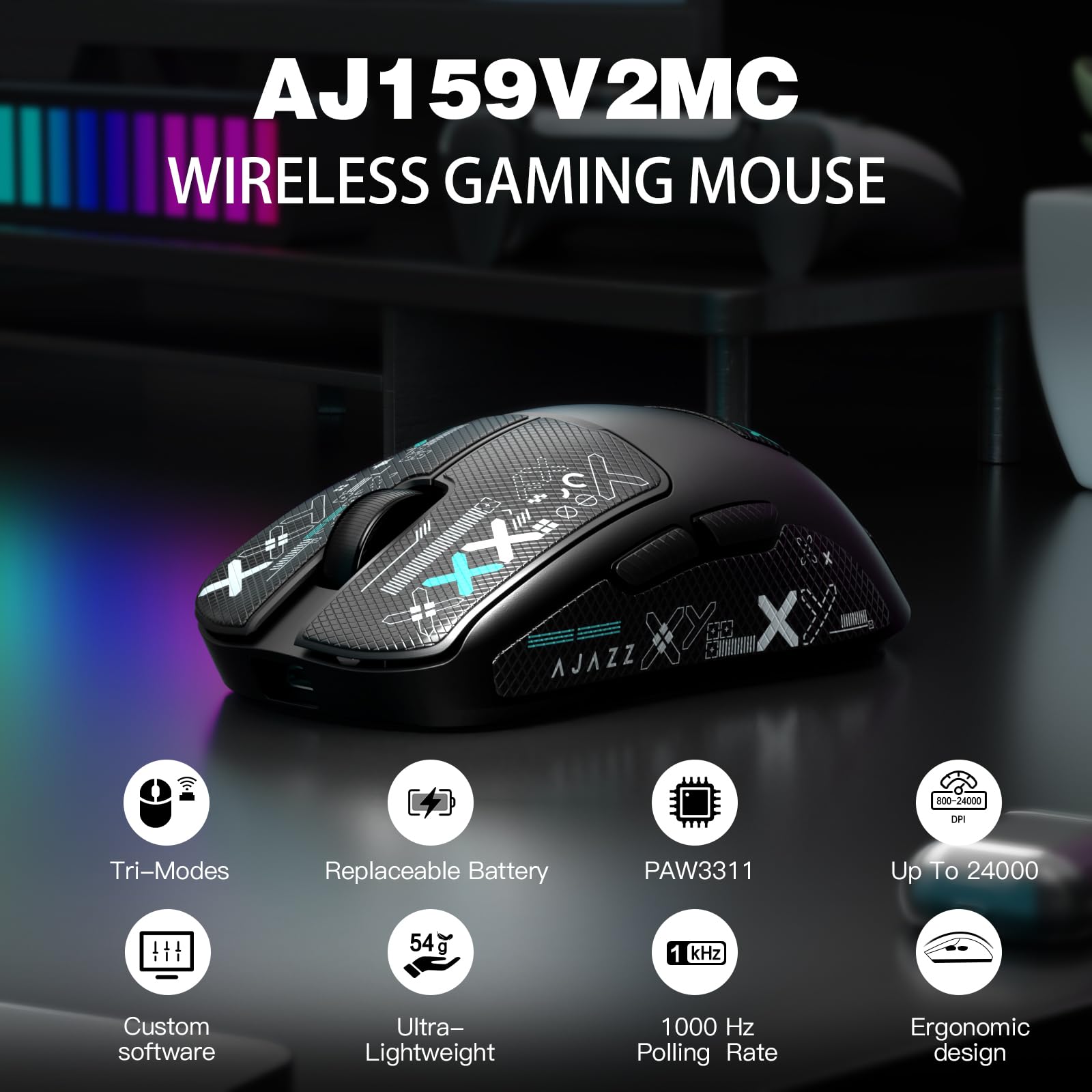 A.JAZZ AJ159V2MC Ratón Gaming Inalámbrico Tri-Modo BT/2.4G/Tipo-C Cableado, Sensor PixArt 3311 24,000 dpi, 54G Ultraligero, Batería Intercambiable, Grip Tape, PC/Mac/Portátil-Negro