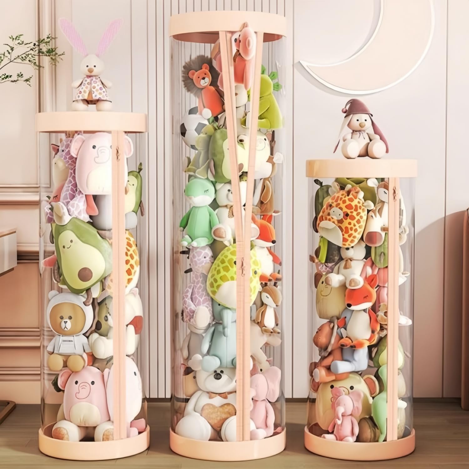 Stuffed Animal Storage Tube,Stuff Animal Organizer,Stuffed Animal Zoo Storage, PET Transparent Bucket with Zipper for Kids Toy Organizer,59" X 10"Large Toy Storage Box with Lid,Storage Organizer(Pink）