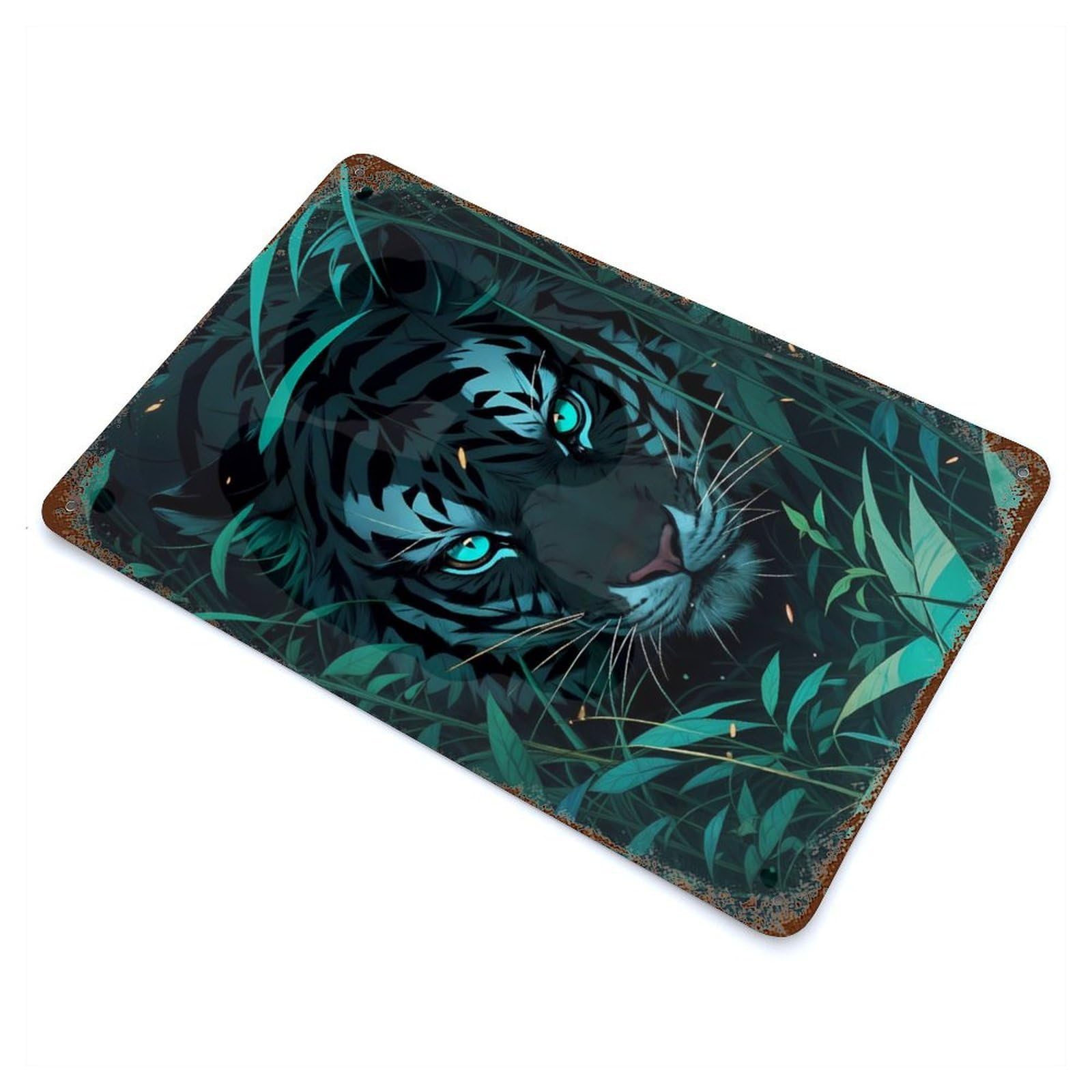 Decorative Tin Sign with Tiger in Night Design 11.8"x7.9", for Garage, Bar And Workshop Decor, Farmhouse Wall Decor