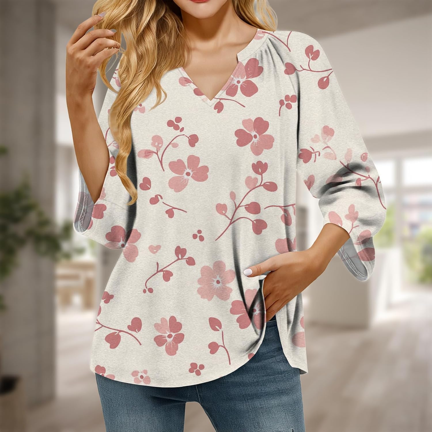 Retro Breathable Shirt for Women Vintage Novelty Stylish Boho Loose Fit 3/4 Sleeve V Neck Tops Summer Undershirt - Image 2