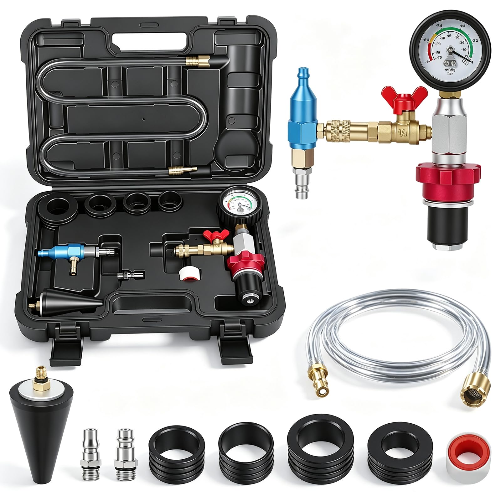 KAISAL Kit di sfiato e ricarica per liquido refrigerante per auto | Riempitore pneumatico antigelo con manometro, 5 adattatori di dimensioni per tutti i veicoli
