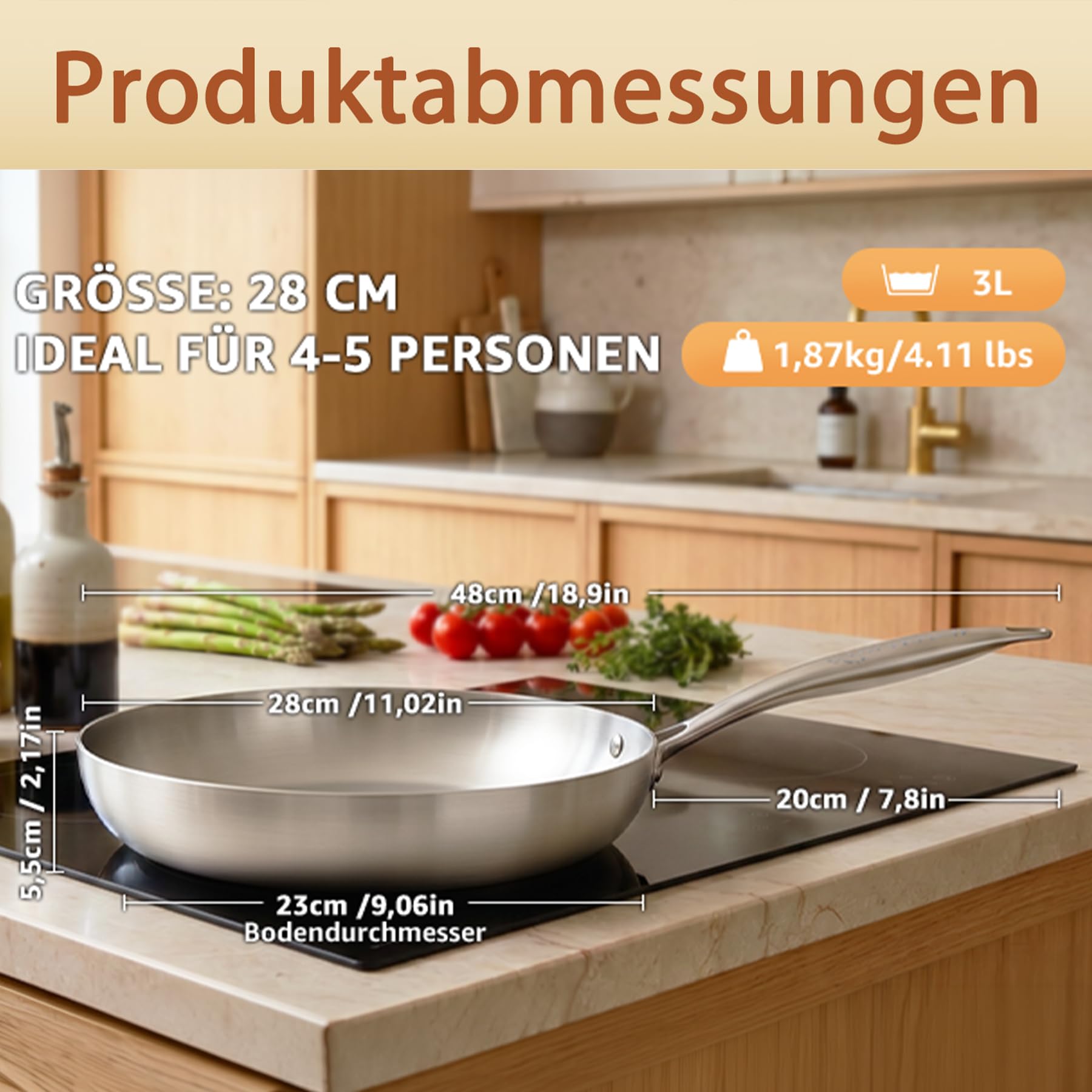 LOLYKITCH Bratpfanne 28 cm mit Glasdeckel, unbeschichtete Edelstahlpfanne | Tri-Ply Konstruktion, schnelle und gleichmäßige Wärmeverteilung, für alle Herdarten geeignet, ofenfest