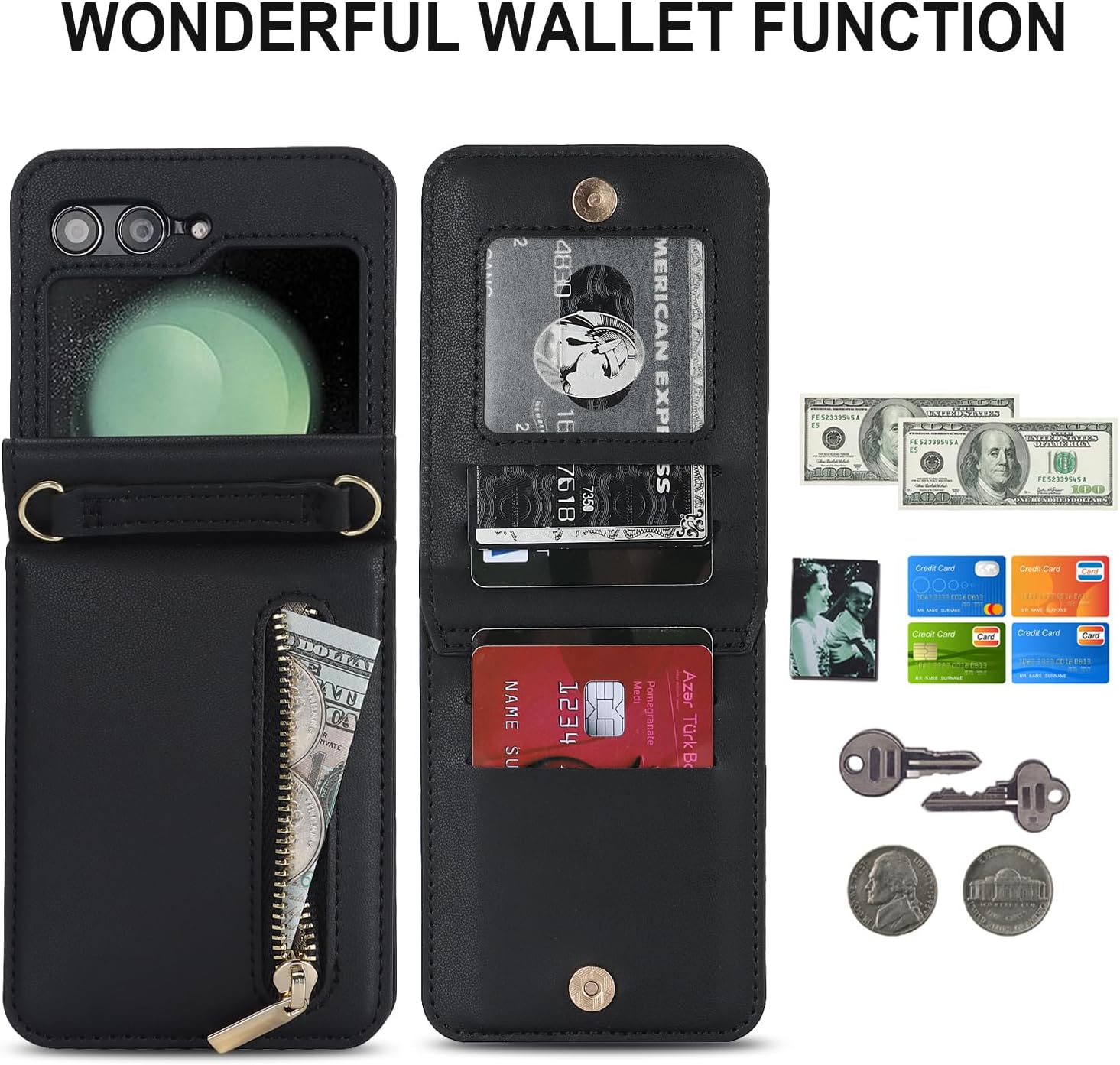 for Samsung Galaxy Z Flip 5 Luxury Zipper Wallet Phone Case, Multi-Function Kickstand Card Holder Adjustable Crossbody Strap, Fashion Flip Case.(Black)