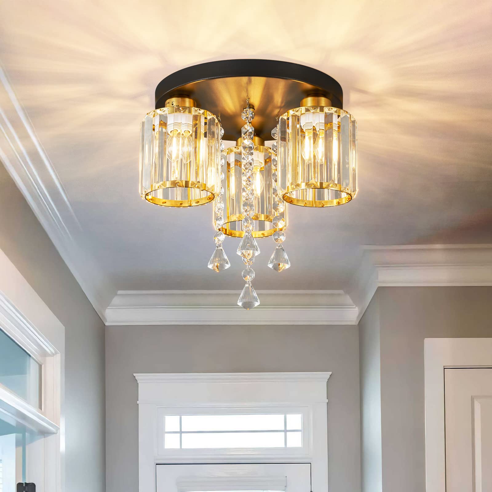 Semi Flush Mount Lampada da soffitto a 3 luci da soffitto vicino al soffitto in oro nero cristallo design moderno lampada per cucina, ingresso, camera da letto, bagno, corridoio