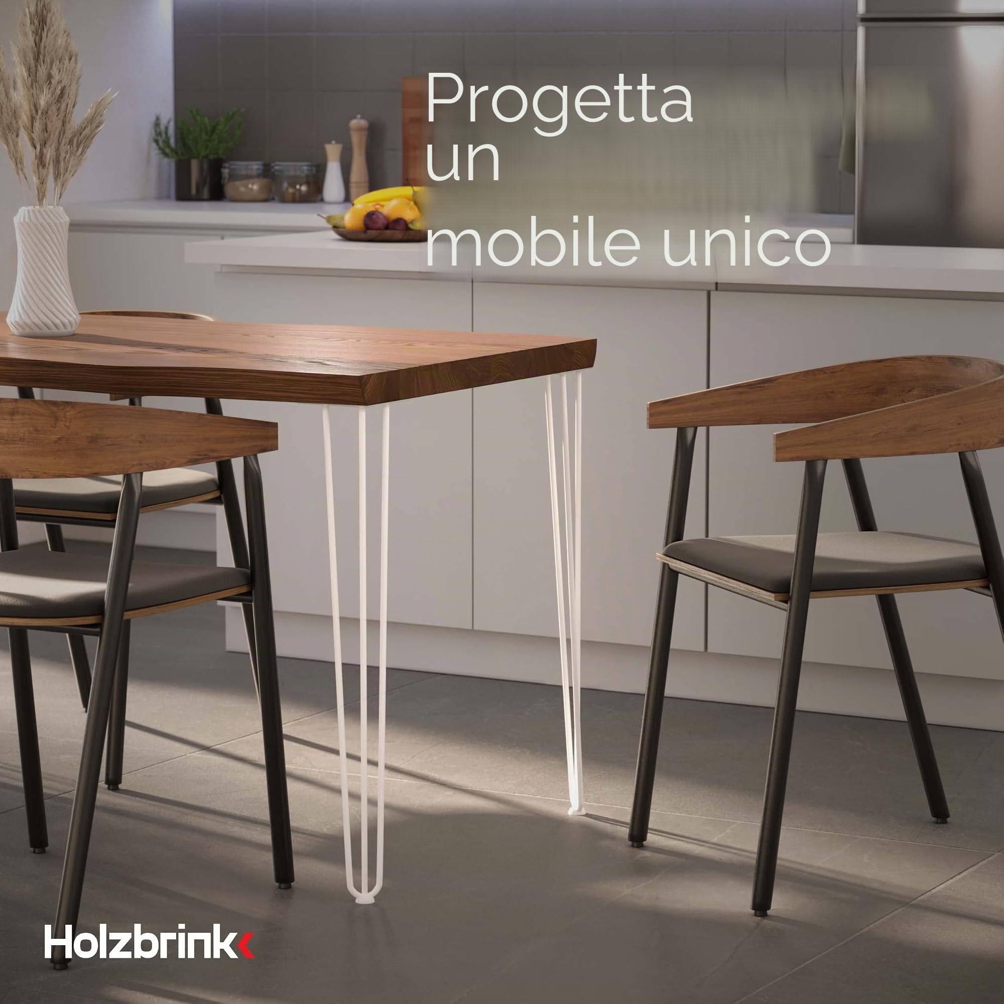 HOLZBRINK 4x gamba da tavolo in metallo con 3 aste Hairpin,Gamba con asta tripla per mobili, tavolo, 50 cm, Bianco Traffico, HLT-13A-50-9016