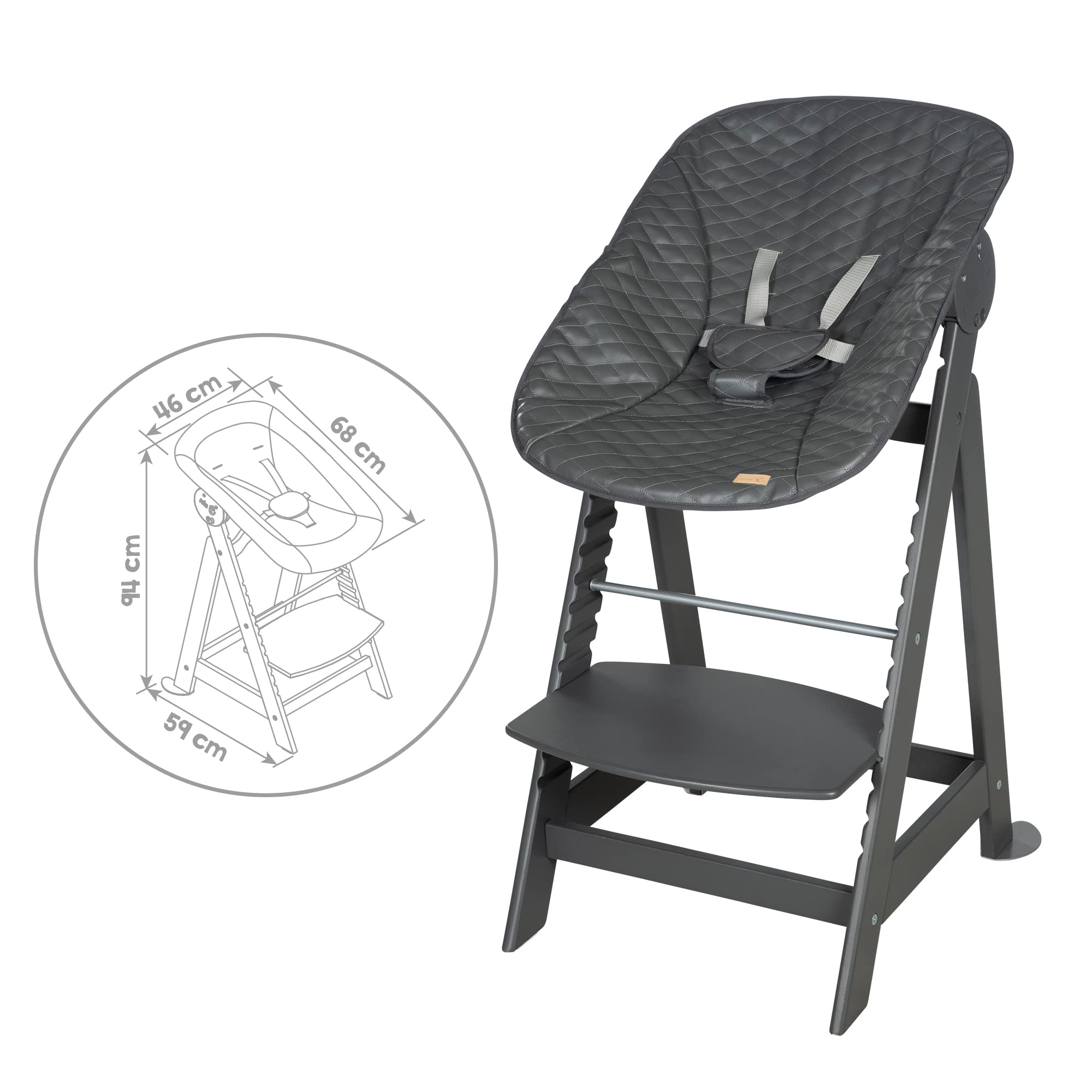 roba Seggiolone "Born Up" Set 2 in 1 - Design "Graphite quilted" - Funzione Pieghevole - Imbracatura - 2 Posizioni - da 0 a 6 Mesi - Legno Laccato Grigio Antracite