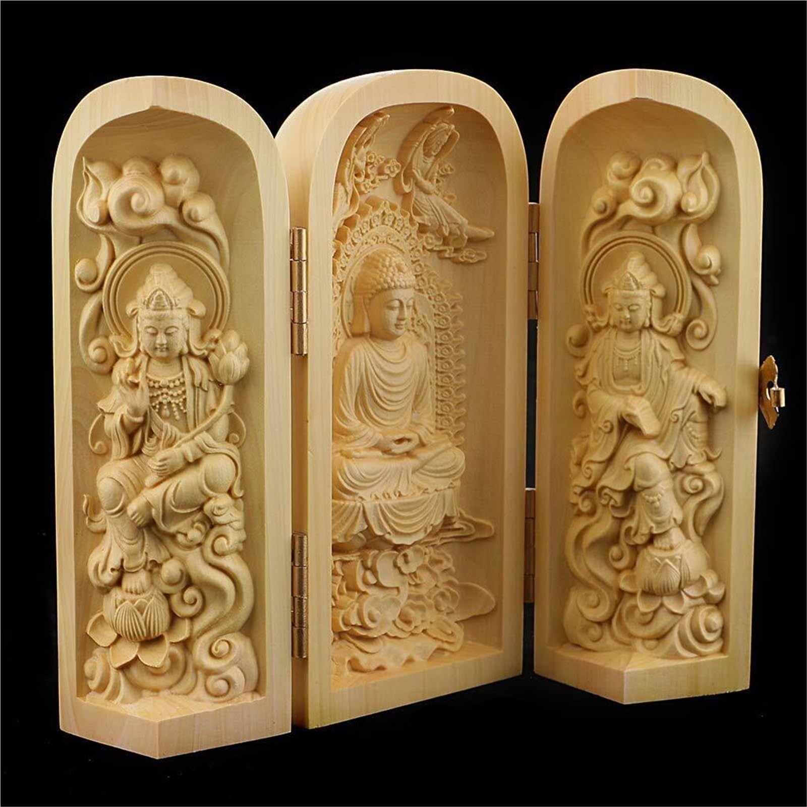 Decoración para el hogar Estatua de Buda, Budismo, Madera boj, Caja 3 Dioses for Adorno jardín Exterior Regalos para recién Casados