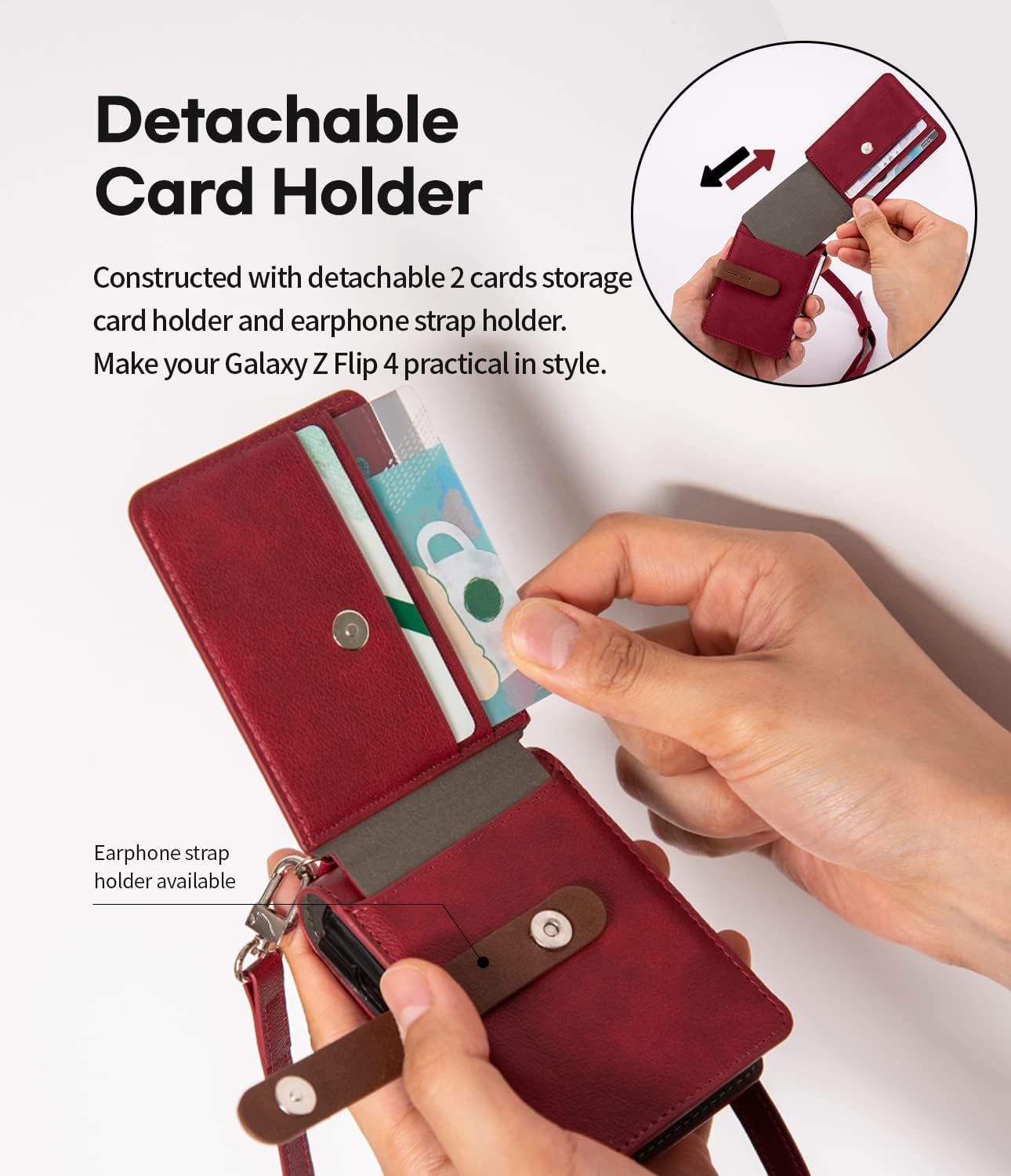 Goospery Wallet Case Compatible with Galaxy Z Flip 4 Case, Detachable Card Holder 2 Card Pocket Storage Premium PU Leather Adjustable Cross-Body Strap Attached Earbud Cord Organizer, Burgandy