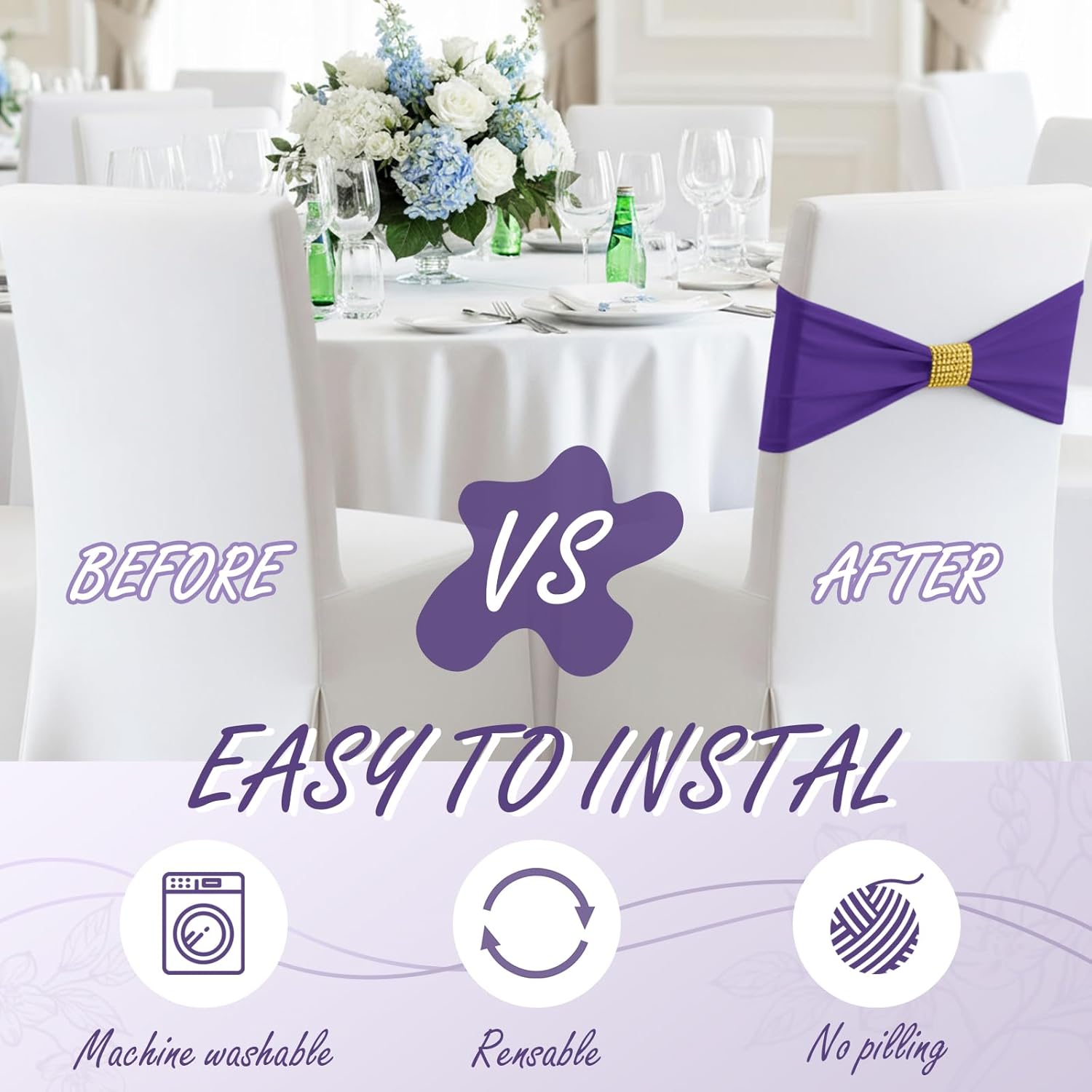 Moukeren 50 pcs Spandex Chair Sashes Bows Stretch Chair Covers Bands with Slider Buckles Universal Elastic Seat Ribbons for Wedding Party Events Ceremony Birthday Banquet (Purple)