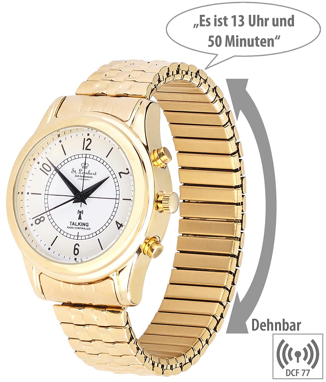 Damenuhr: Sprechende Seniorenuhr mit Funk, filigranes Ziffernblatt, vergoldet (Sprechende Damenuhr, Herren Armbanduhr, Solar)