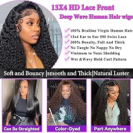 Rozilo Aomllute 34 Inch Lace Front Wig Human Hair Pre Plucked 200 Density 13x4 HD Deep Wave Lace Frontal Wigs Human Hair with Baby Hair Curly lace front Wigs for Women Natural Black