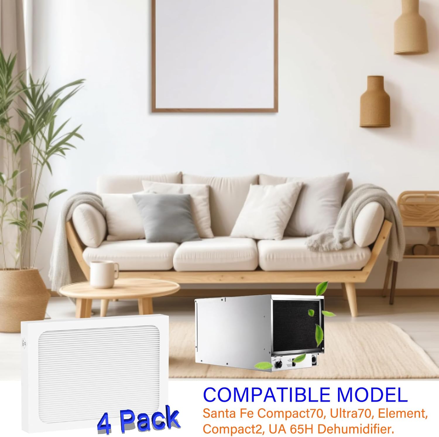 4 Pack 9 x 11 x 1 MERV 13 Dehumidifier Filter for Santa Fe Compact70, Ultra70, Element, Compact2, UA 65H Dehumidifier