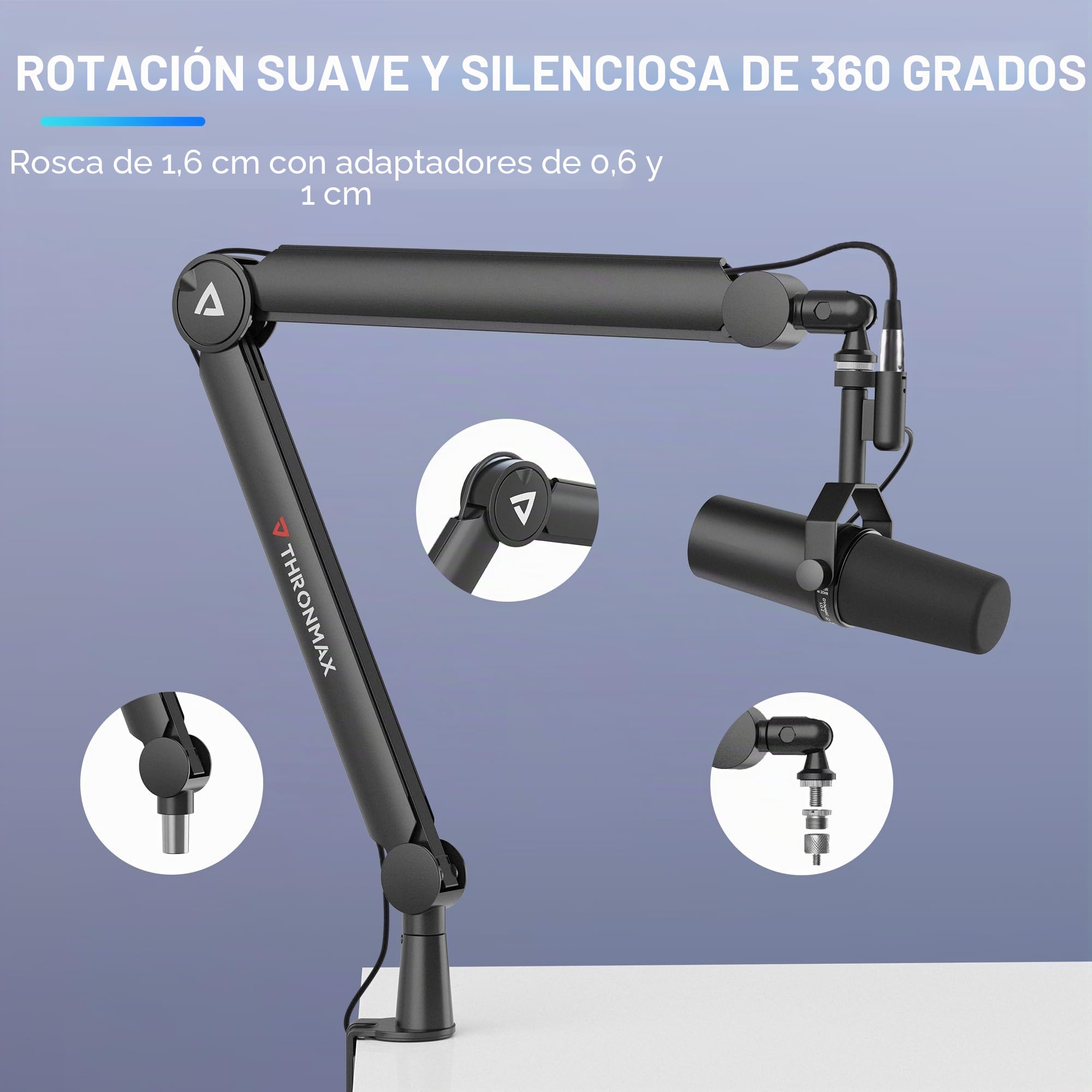 THRONMAX Twin-S8 Brazo de micrófono, Soporte de micrófono de tijera ajustable 360° con cable metálico robusto integrado para Blue Yeti, Elgato, Brazo boom Universal 1/4"，3/8" a 5/8" (Negro)