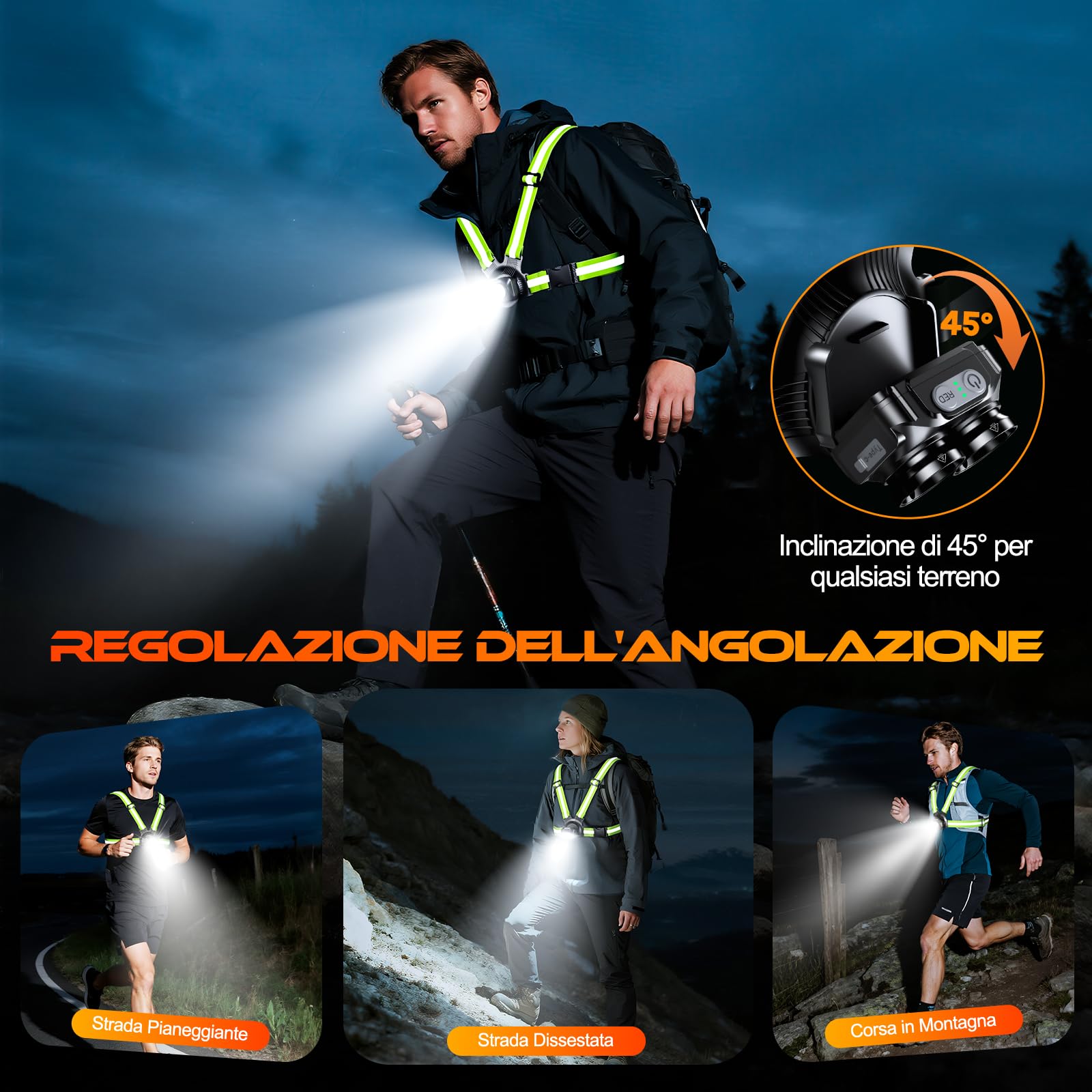 ISEYOU Luce Running 800LM, 6 modalità Luce per Corsa Notturna con Nastro Riflettente, Regolabile di 45°, Impermeabile IPX5 Luci Running Pettorale, Autonomia 4-25 Ore per Ciclismo/Jogging/