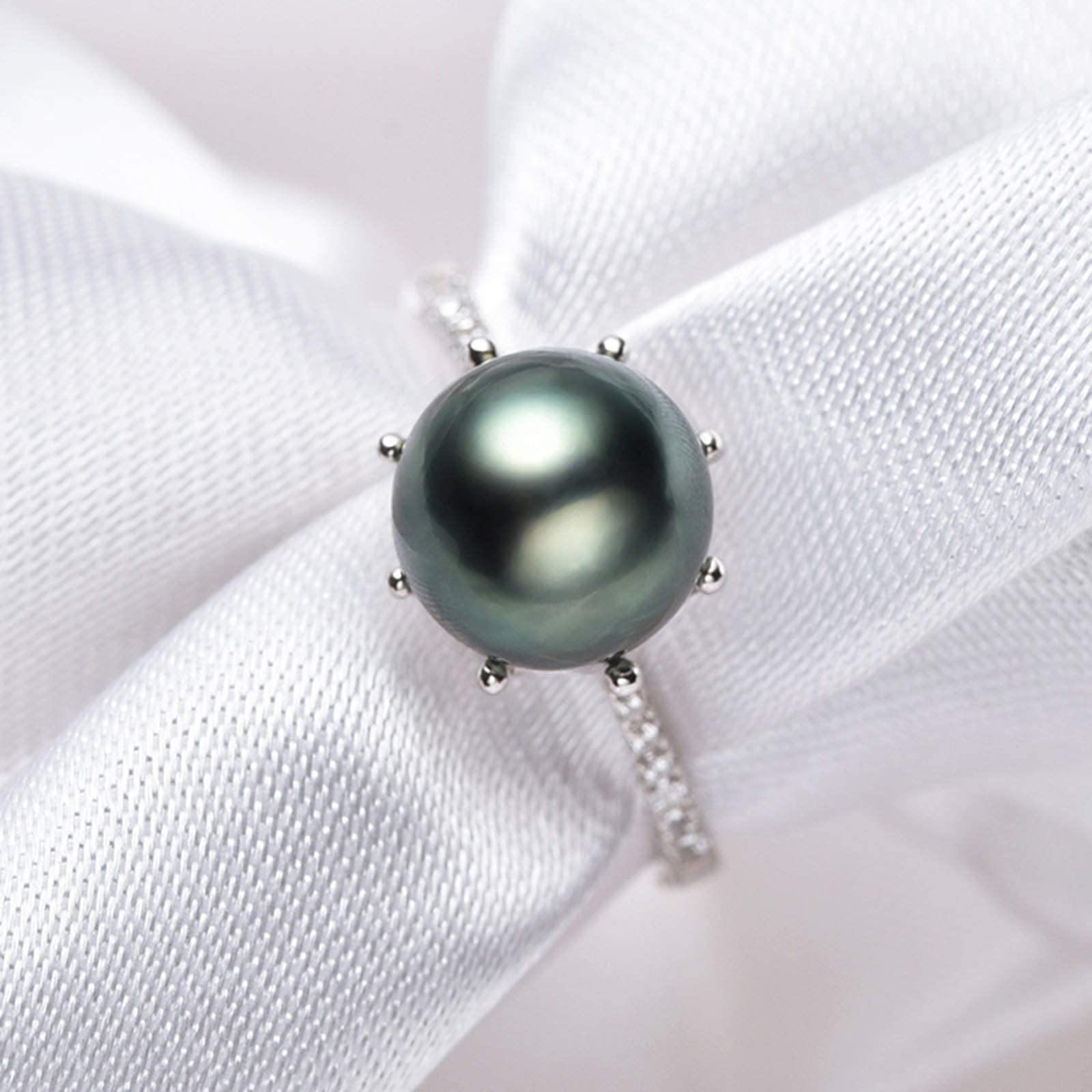 Perlenring aus 925er Sterlingsilber, 8–9 mm, schwarzer Perlenring für Damen, größenverstellbar