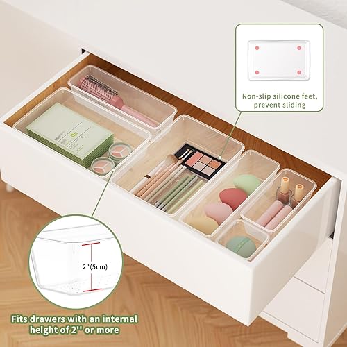 Miniatura 5 de Juego de 10 organizadores de cajones transparentes, 4 tamaños, bandejas de plástico para maquillaje con almohadillas de silicona antideslizantes,