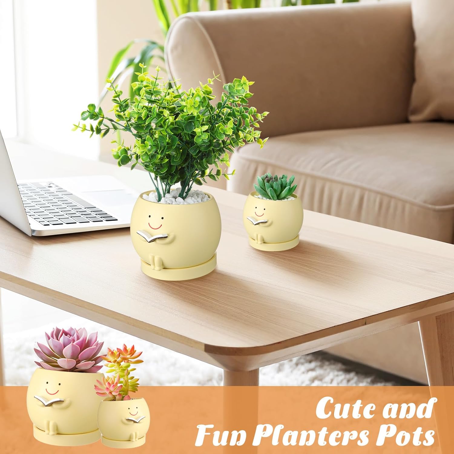SiliFine 2 Pcs Smile Face Planters Pots with Drainage Hole, 6'' Head Planters 3.6'' Cute Resin Flower Pot for Indoor Plants, Succulent Pots for Plant Lover Gift(Book)