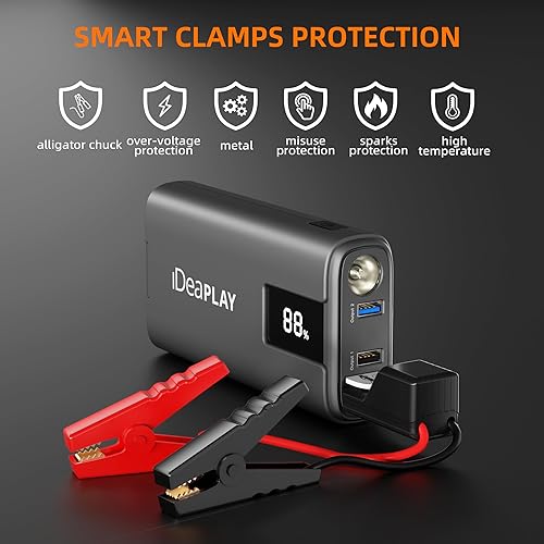 Miniatura 5 de IDEAPLAY J10 Jump Starter, batería de coche de 2000 A 12 V arrancador portátil para hasta 8.0L de gas y 7.0L motor diesel, caja de salto con cables