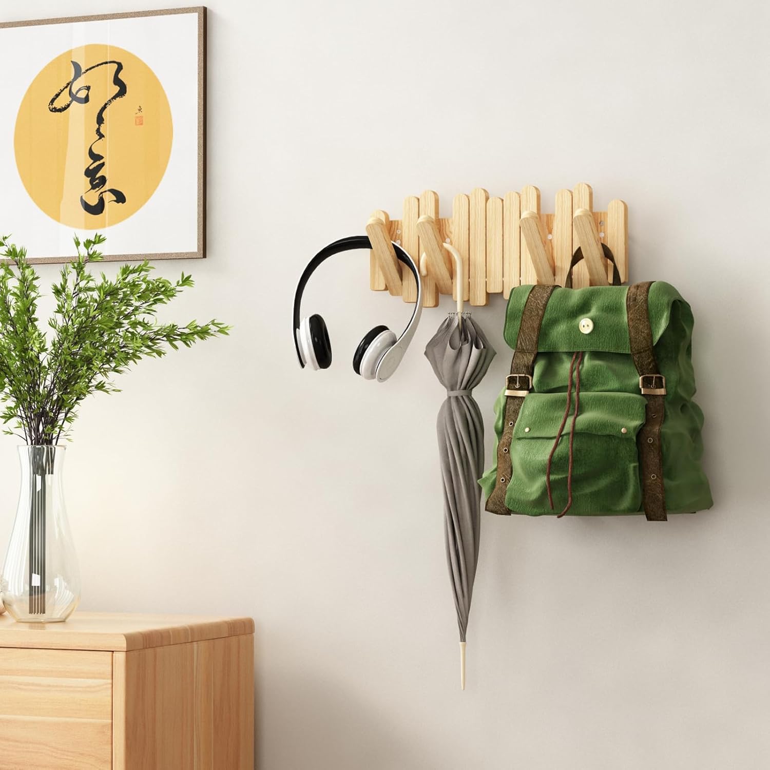 Piano Key Coat Rack - Solid Wood Wall Organizer with 5 Hooks, Vintage Entryway Storage for Coats & Bags, Space-Saving for Apartments, Music Studios & Farmhouse Decor (Natural)