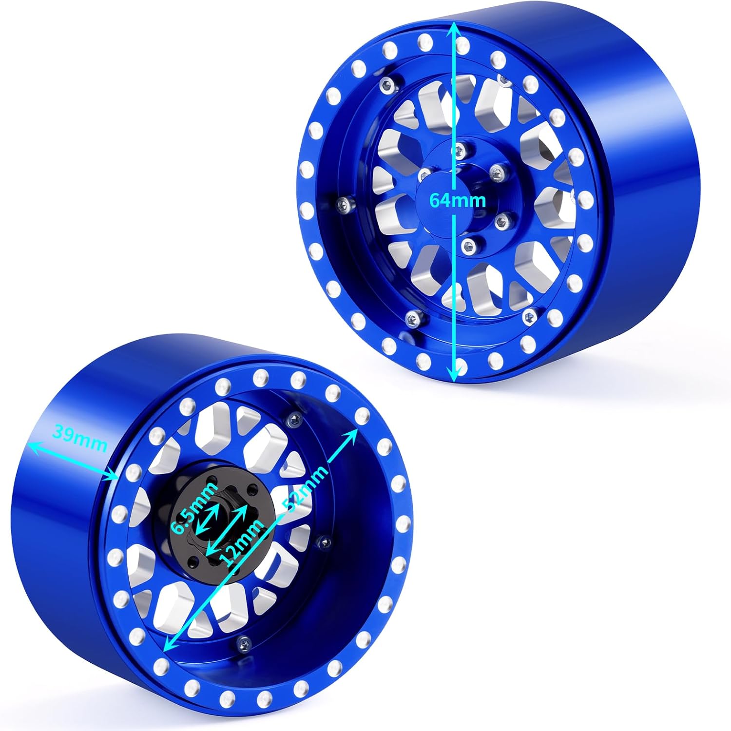 RCLIONS 4PCS Width 39mm 2.2" Beadlock Wheels Deep Dish Offset -15mm Rims for Axial Wraith SCX10-II III 1/10 RC Crawler Truck Car (Blue)