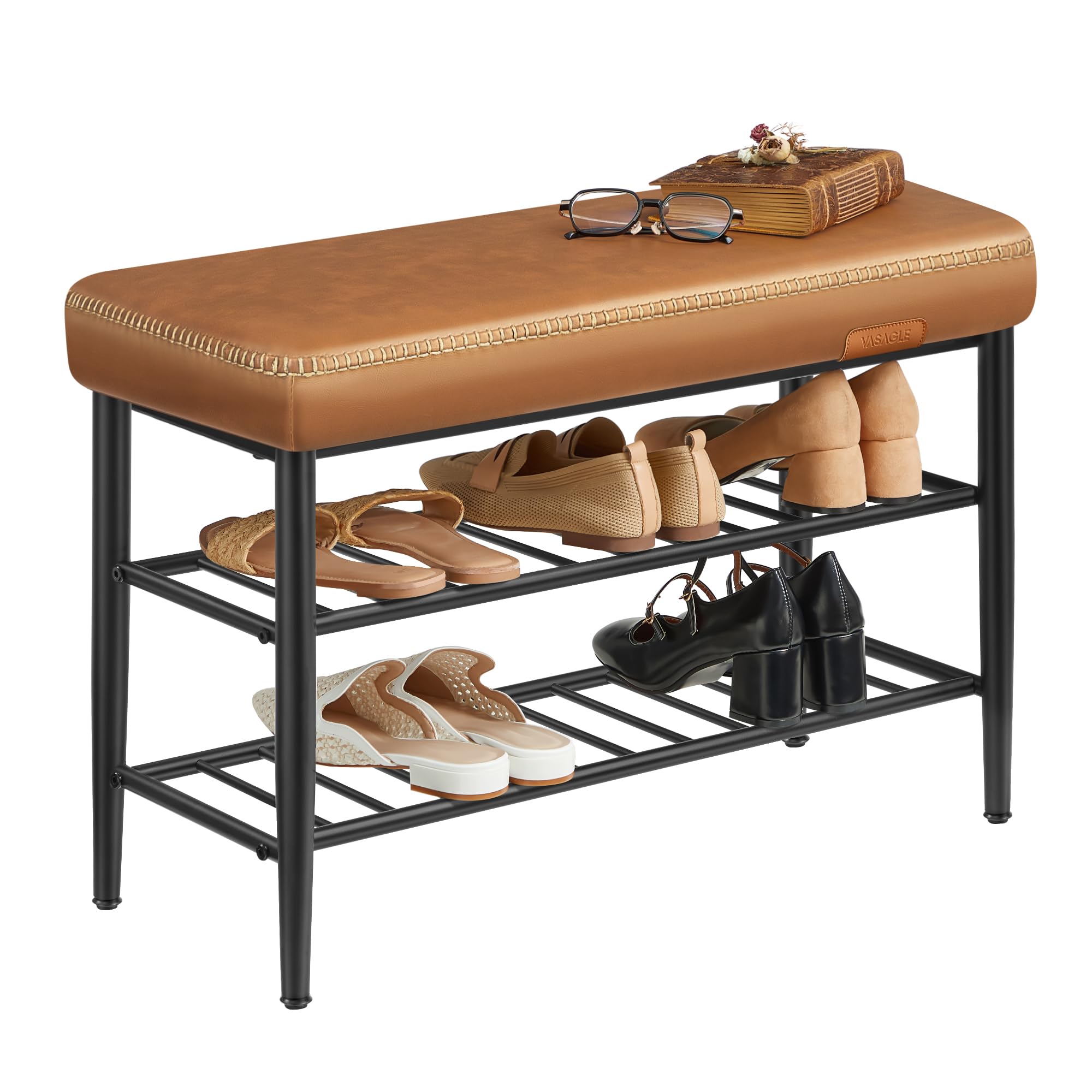 VASAGLE EKHO Colección - Banco Zapatero, Banco de Almacenaje, Zapatero de Entrada, Piel Sintética con Costuras, Moderno de Siglo Mediados, Carga 135 kg, 30 x 80 x 50 cm, Marrón Caramelo LSB054K01