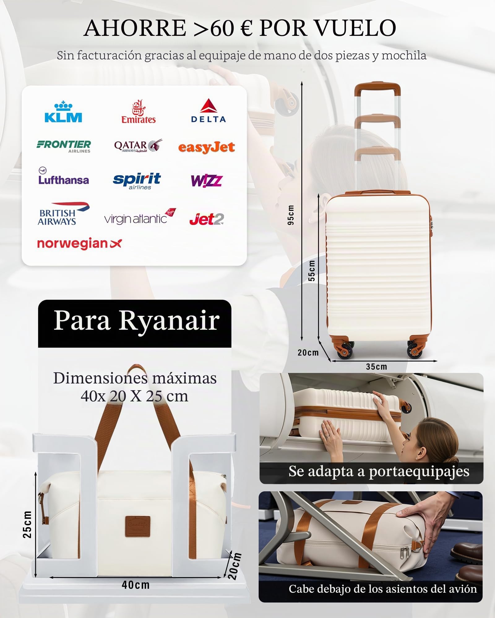 COOLIFE Maleta de cabina 55 x 35 x 20 cm para Ryanair, equipaje de mano, ligero, con candado TSA y 4 ruedas giratorias, blanco/marrón, 55X35X20cm -Set 2tlg