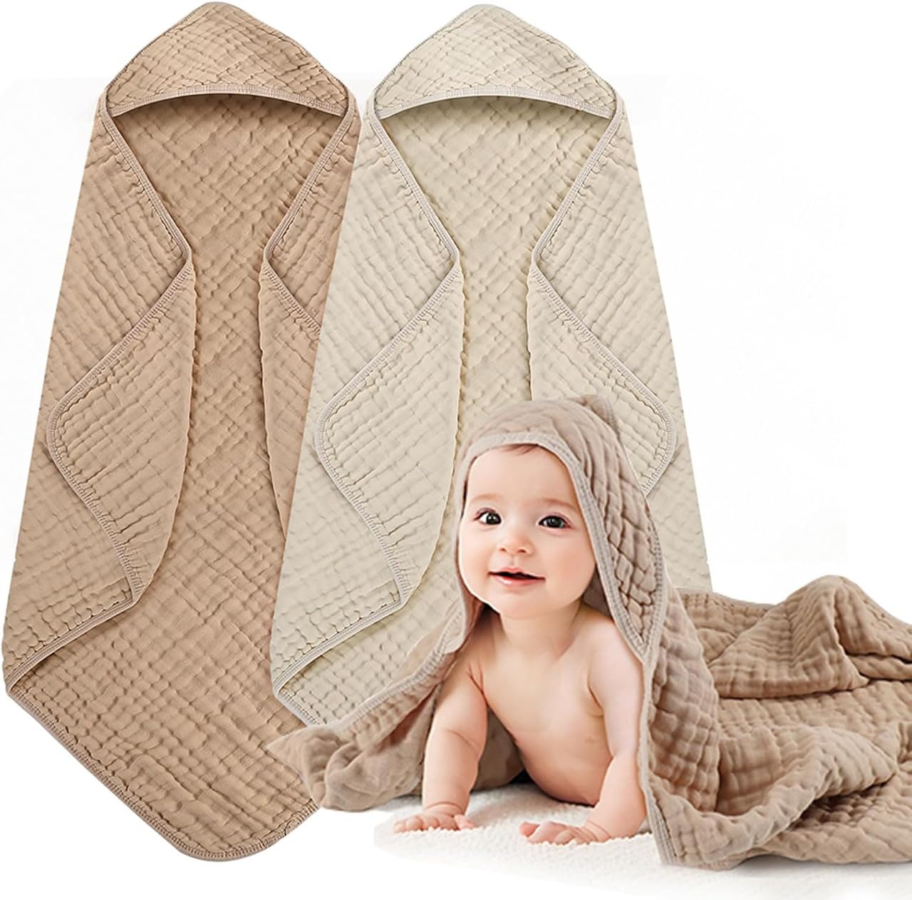 Hooded Baby Bath Towels, 100% Muslin Cotton 6-Layer Soft Absorbent Towels with Hood for Babies Infants and Toddlers, Large 32 x 32 Inch | Beige & Apricot (Pack of 2)-image-11