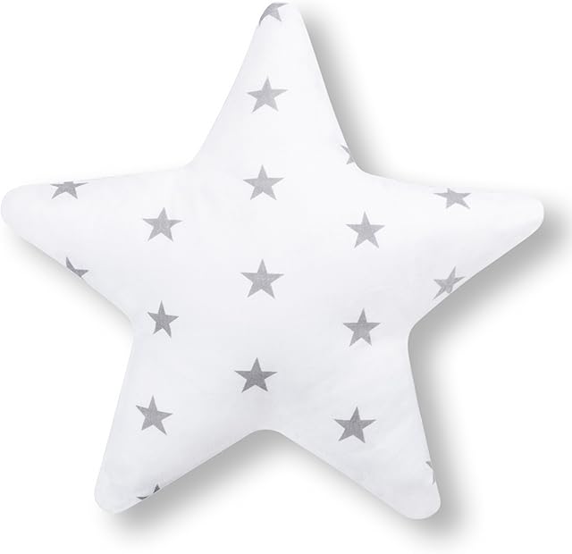 Amilian Pillow Star; Star Shaped Cushion; Decorative Plush Pillow; Children's, Baby Room; for Bedroom; boy; Girl; Toddler; Kids; Cosy Fluffy Cushion; Small Size: Approx. 28 cm; Grey Stars on White