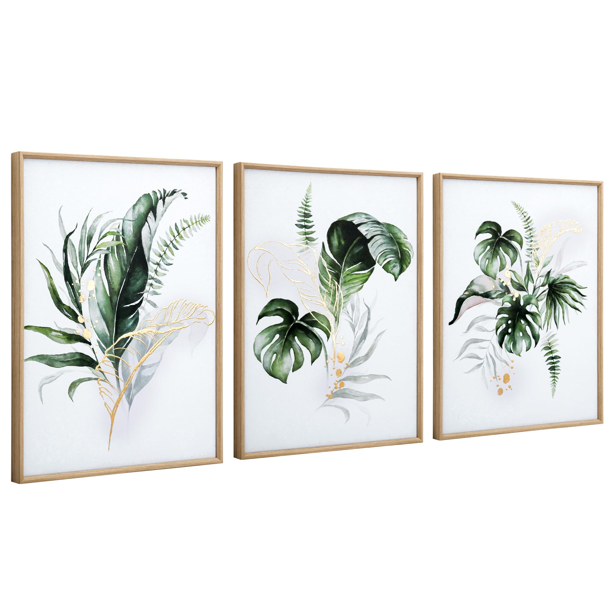 ArtbyHannah Botanical Wall Art, Framed Canvas Wall Art, Green Wall Art Decor with Tropical Leaf Prints and Gold Lines for Wall Decoration for Living Room,Bedroom, 12x16 inch, Set of 3