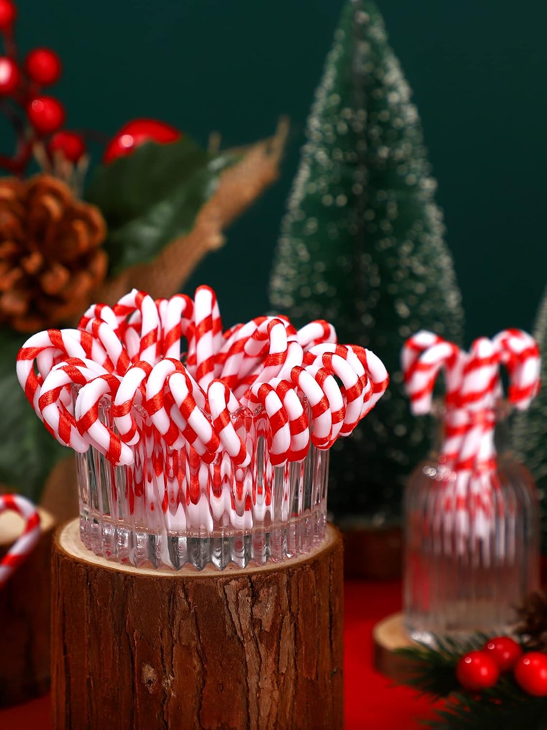 Ferraycle 100 Pcs Christmas Plastic Candy Cane Ornaments Mini Candy Canes for Crafts Christmas Hanging Ornaments for Xmas Tree Home Decor