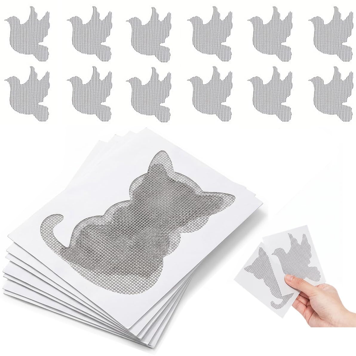 50 Pcs Cat and Pigeon, Shaped Window Screen Repair Patches, Strong Waterproof Self-Adhesive, for Window Screens, Door Screens & Tents