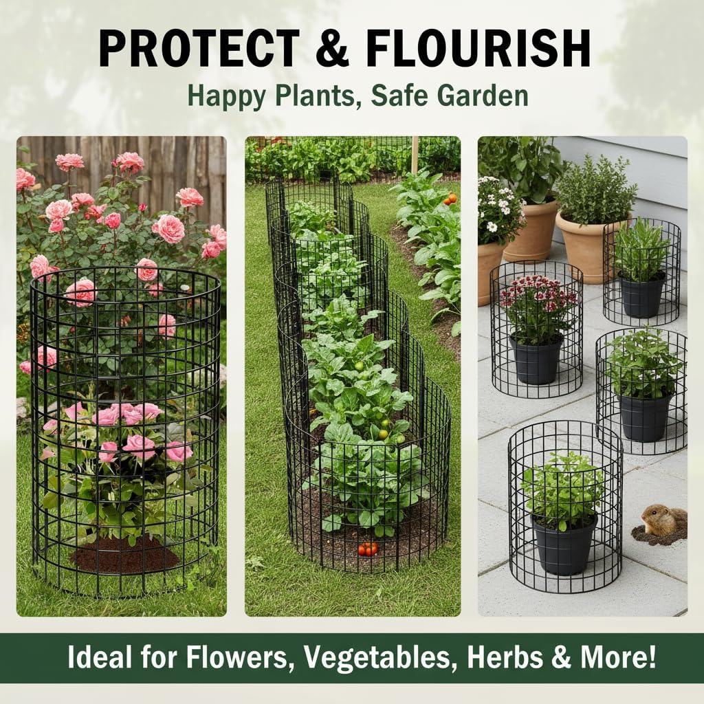 DAYUMKOU 5 Pack Plant Protector from Animals, 12" Dia×12" H Wire Plant Protectors, 15 Pcs Metal Mesh Chicken Wire Cloche to Keep Animals Out with Zip Ties & Stakes