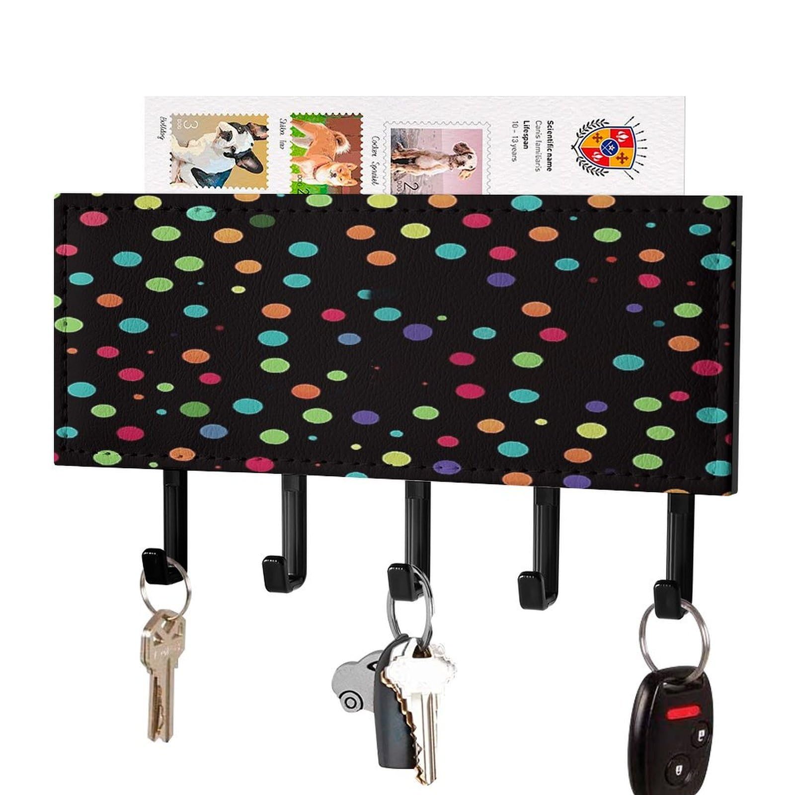 Black Polka Dot Background Key Holder Wall Mount Key Hanger with 5 Hooks Decorative Key Rack Hanging Key Hooks with Mail Organizer Key Holder for Wall Living Room Kitchen Bathroom Hallway Black