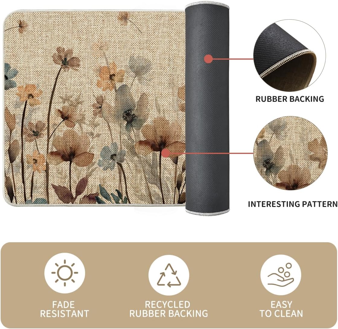 Artoid Mode Brown Poppy Floral Leaves Spring Kitchen Mats Set of 3, Spring Home Decor Low-Profile Kitchen Rugs for Floor - 17"x29"+17"x36"+17"x47"