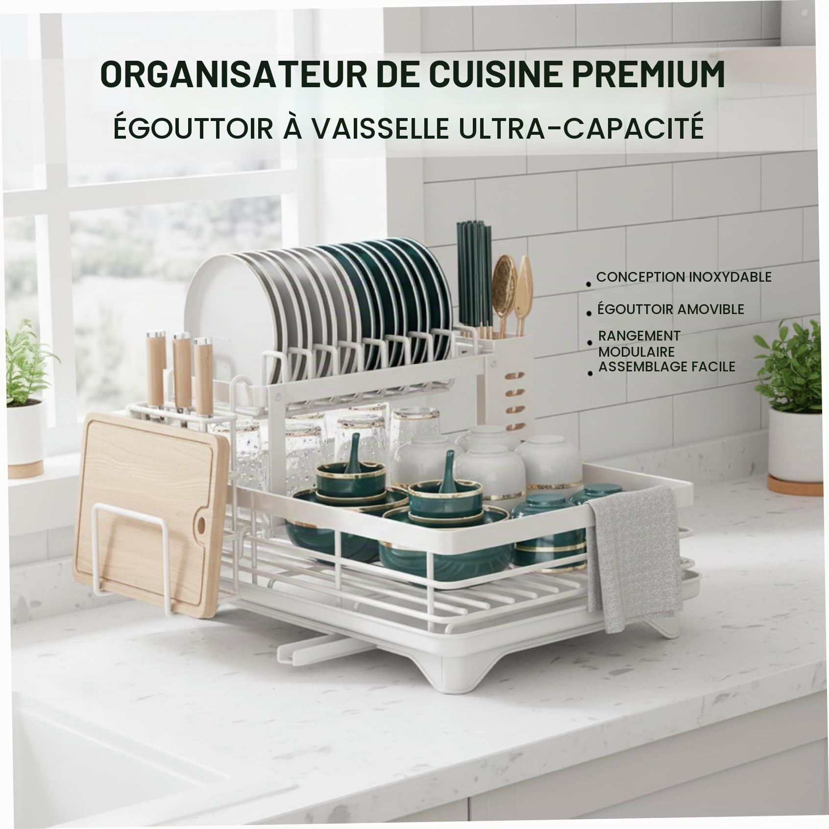 Égouttoir à Vaisselle à 2 Niveaux, Grand égouttoir Vaisselle en Acier au Carbone Blanc avec Porte-ustensiles, de Cuisine Multifonction Amovible pour Bol, Tasse, Couteaux, Planche, pour