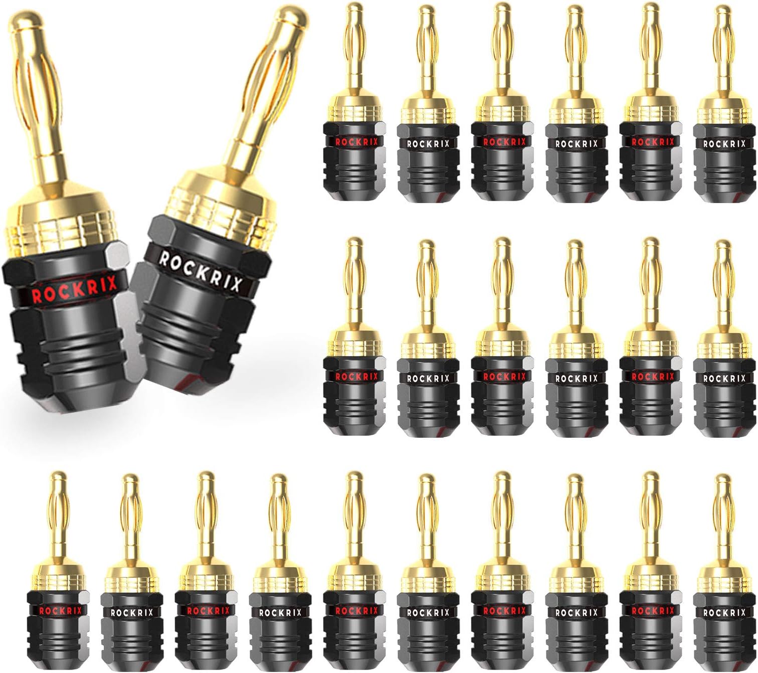 ROCKRIXBanana Plugs for Speaker Wire, 24K Gold Plated Safety Speaker connectors 12 Pairs / 24 pcs
