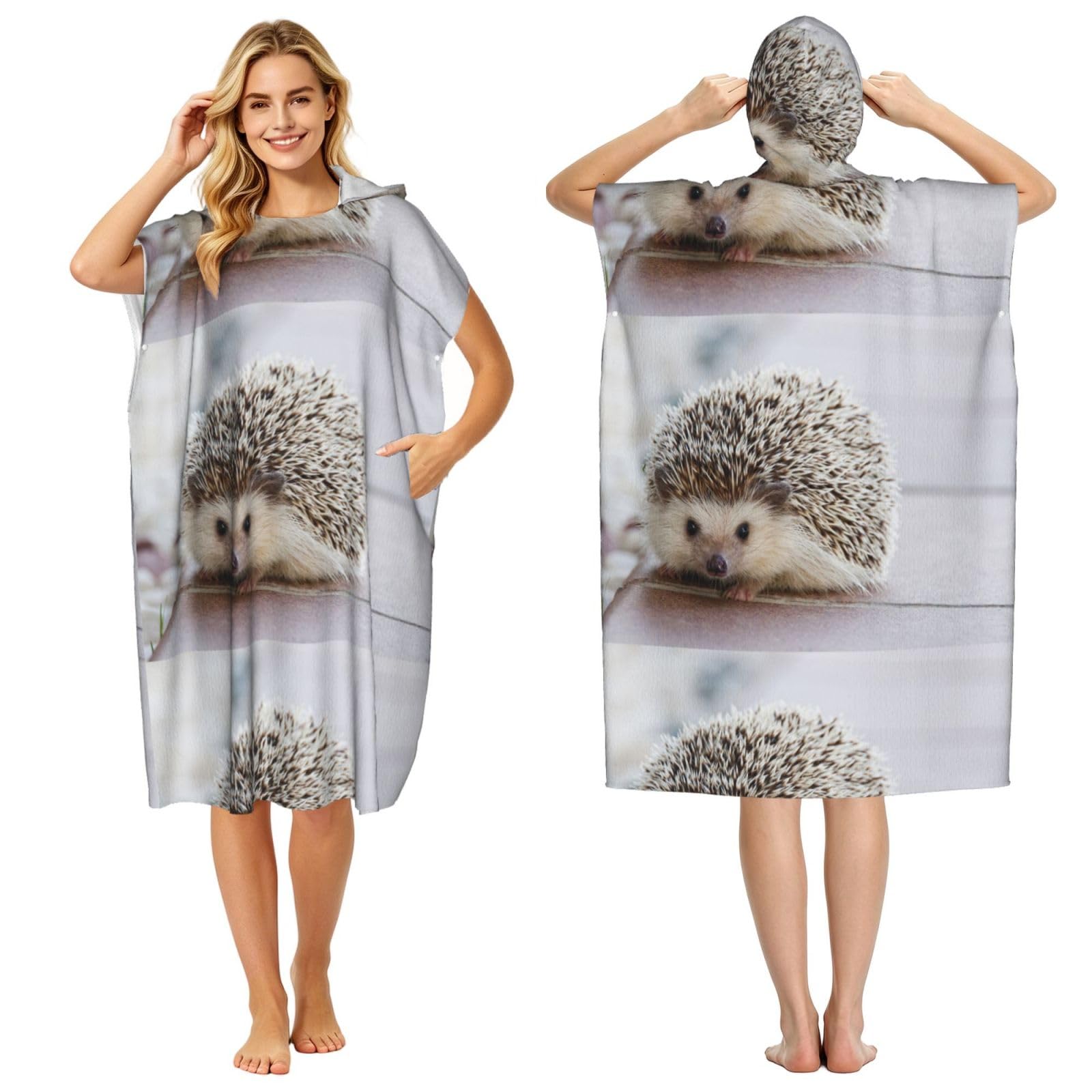 Poadnly Hedgehog Printed, Adult Hooded Beach Towel 90 x 110 cm,Changing Bath Robe, Surf Poncho Towel For Women Men