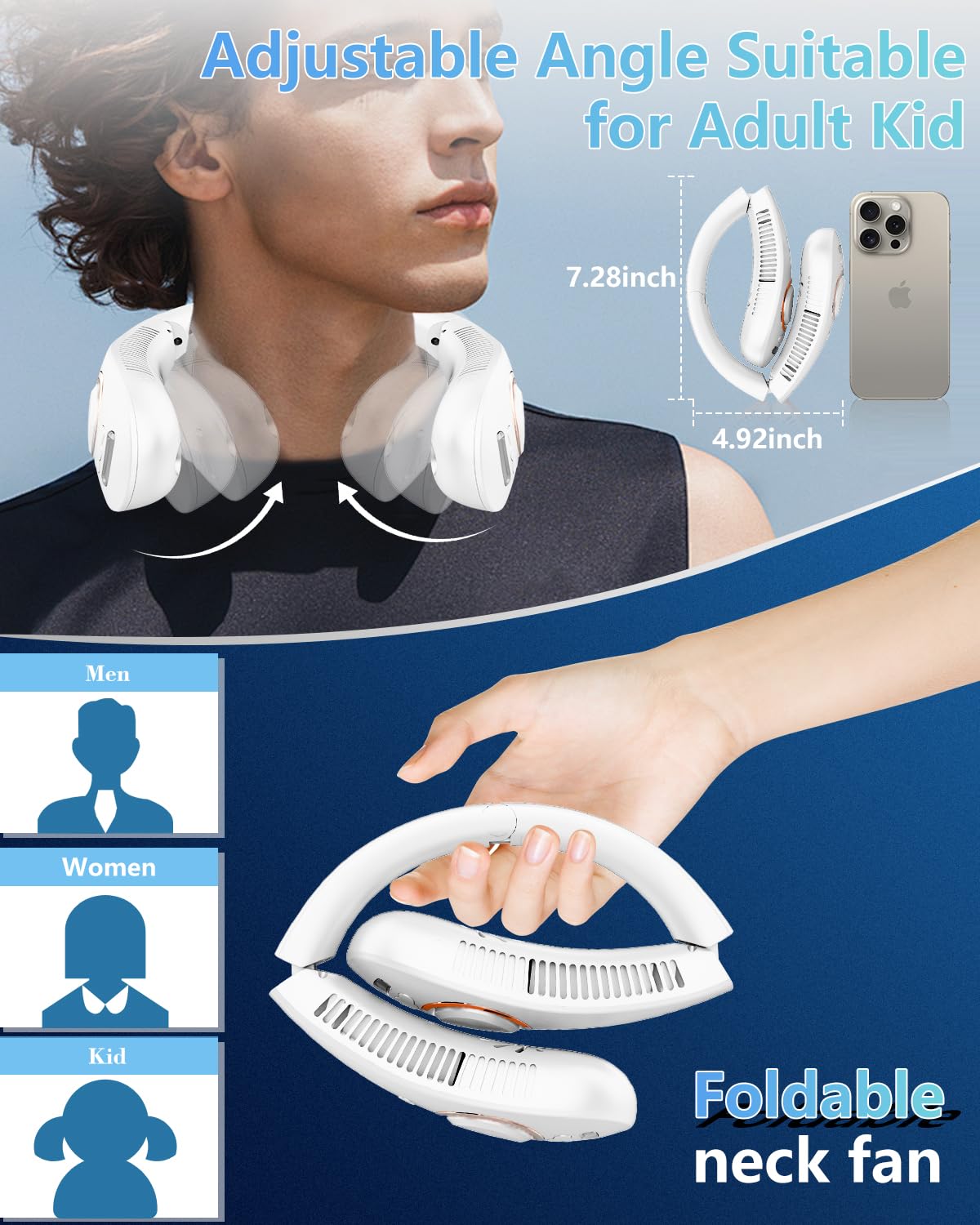 Ventilateurs de cou qui soufflent de l'air froid, ventilateur de cou brumisateur alimenté par batterie rechargeable, pliable, sans feuilles, mains libres, refroidisseur USB, mini brumisateur d'eau