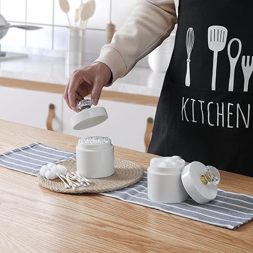 Vista 13 de ONTUBE Organizador de hisopos de algodón de porcelana con tapa de cristal y fácil de limpiar, color blanco (tapa plateada, juego de 1)