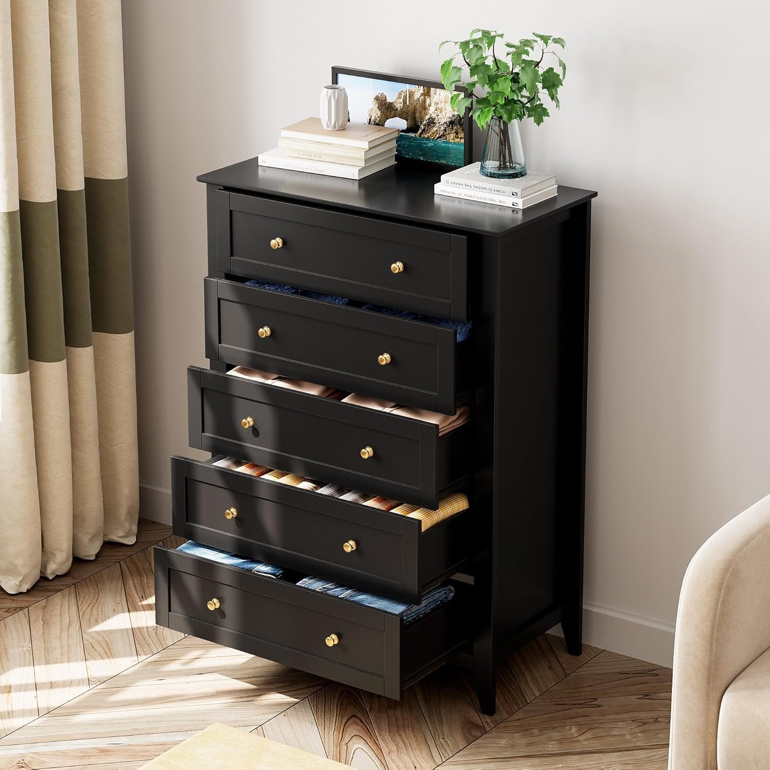 GarveeHome 5 Drawer Dresser for Bedroom, Black Dresser with Deep Drawers & Metal Knobs, Tall Modern Wooden Chests of Drawers for Entryway, Hallway