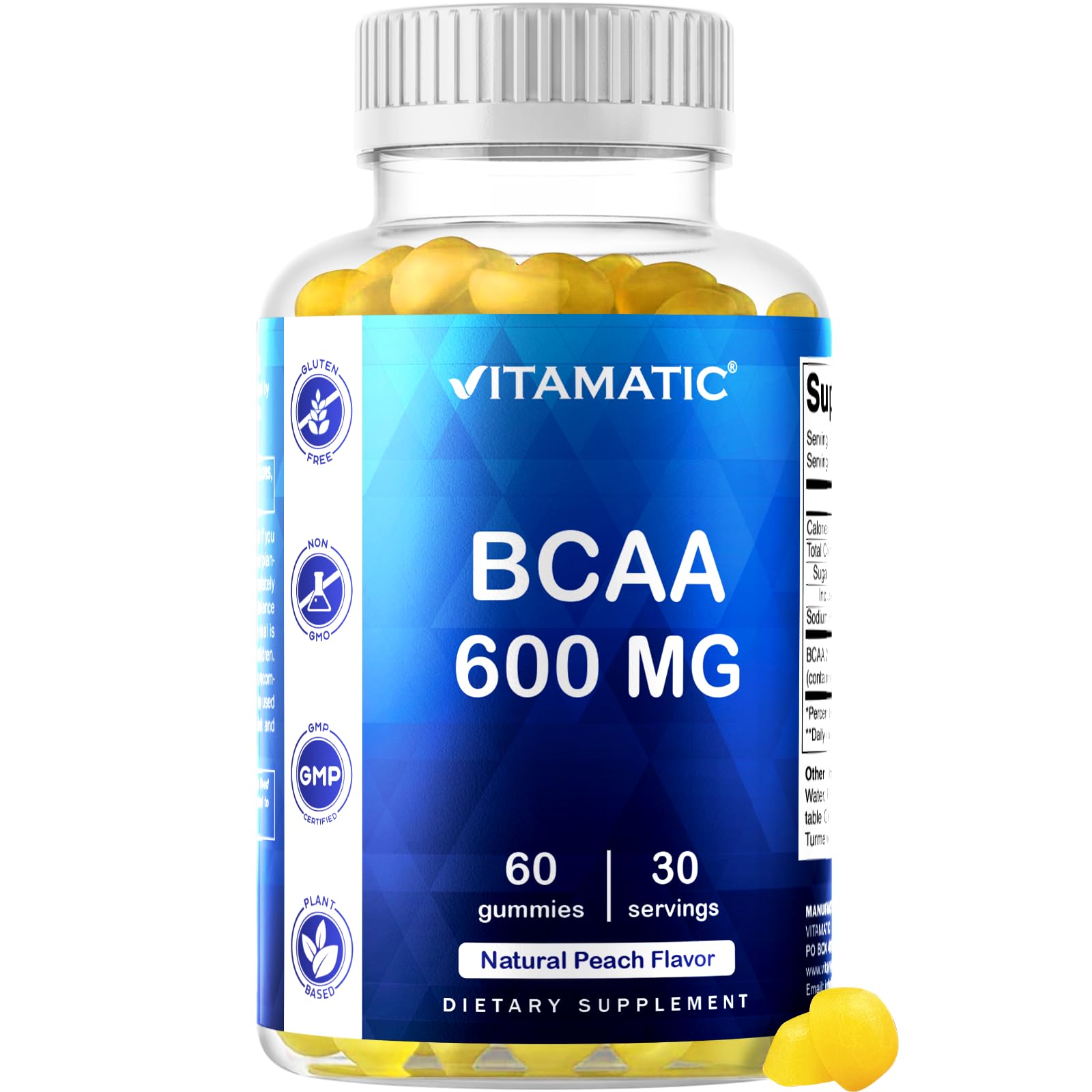Vitamatic BCAA 2:1:1 Natural Peach Flavor 600 mg Per Serving, 60 Gummies 1 Bottle