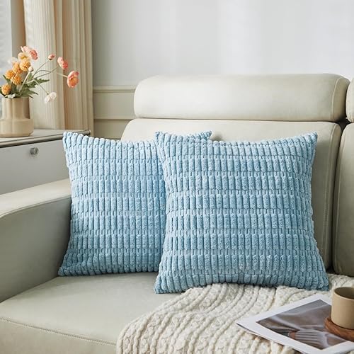 Miniatura 1 de Sunday Praise Paquete de 2 fundas de almohada decorativas de pana de 18 x 18 pulgadas, fundas de almohada cuadradas de rayas bohemias suaves para